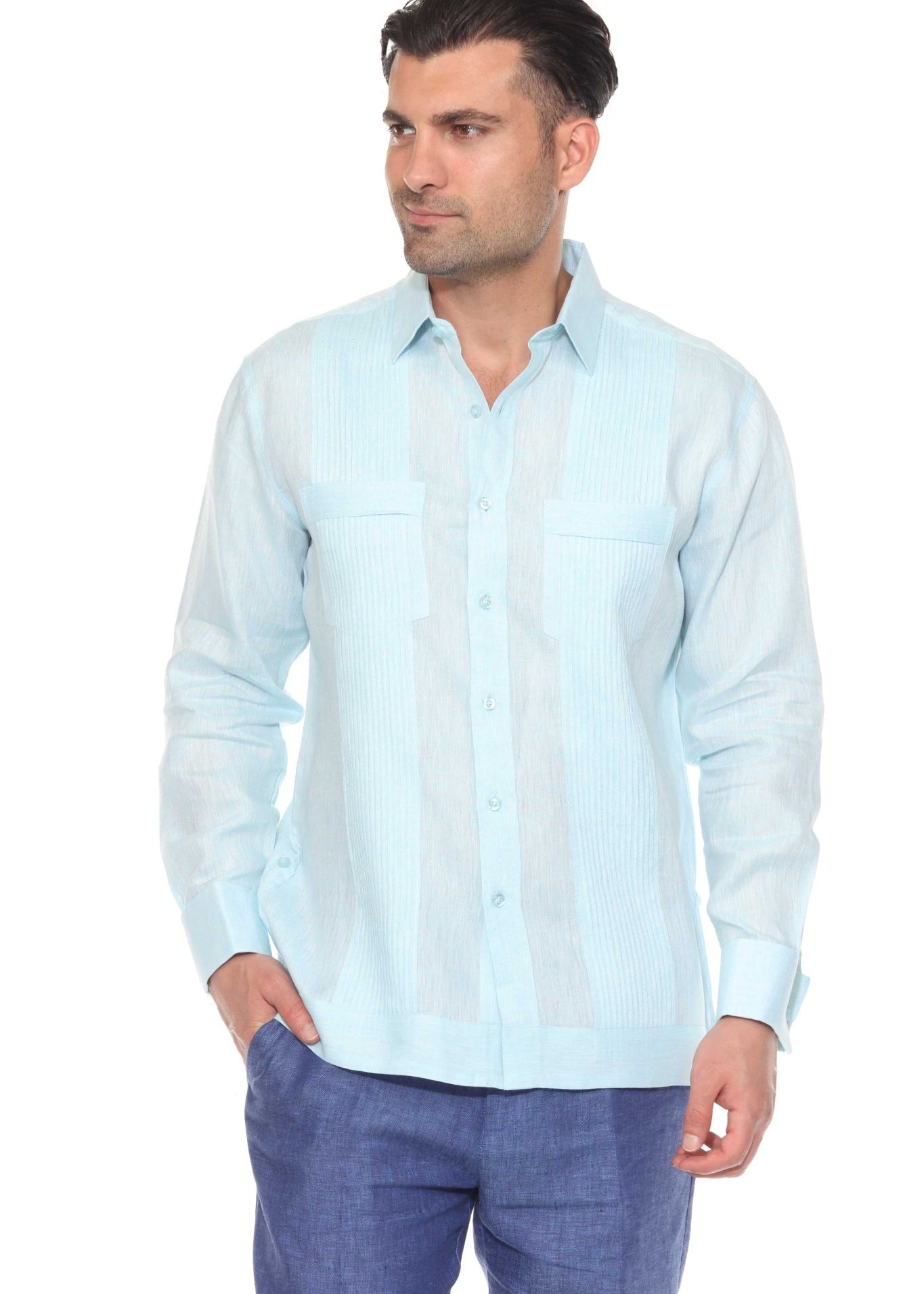 Front view of a light blue long sleeve guayabera showing the 100% linen texture and symmetrical tonal pleats.