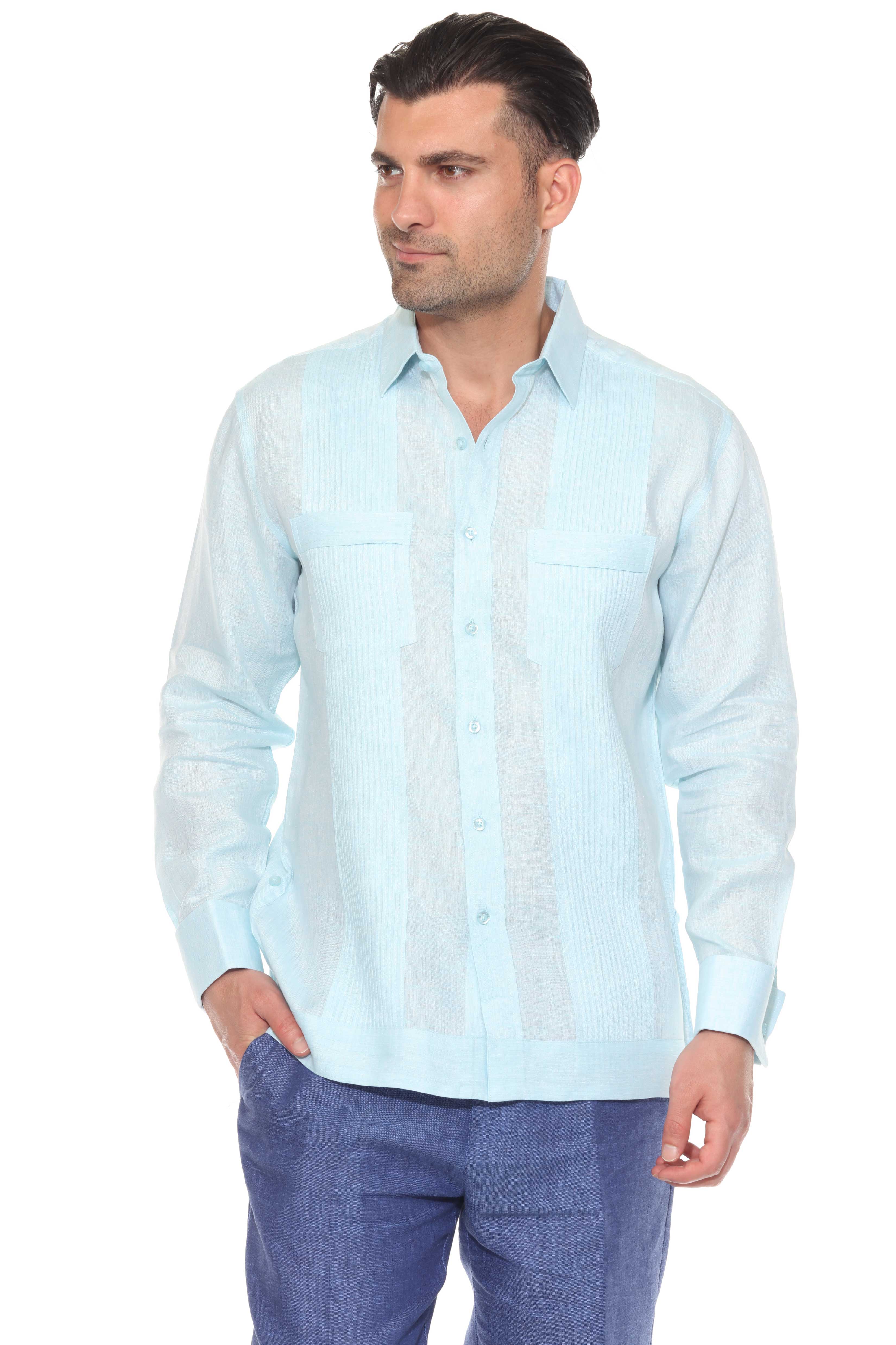Mojito Men's 100% Linen Guayabera Chacabana Shirt Long Sleeve with Pleated Trim Accent