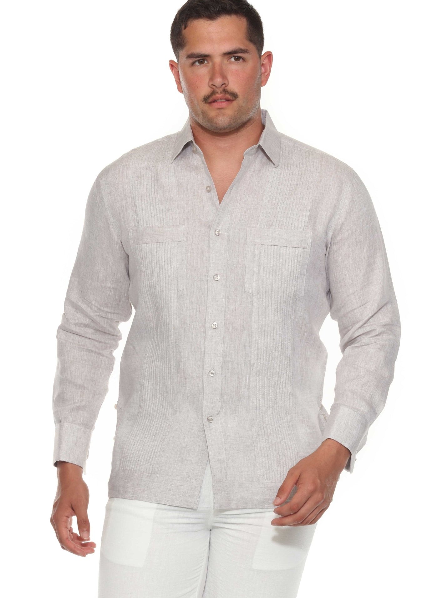 Front studio view of a model wearing the tan Men’s 100% Linen Long Sleeve Guayabera with tonal pleats.