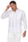 Full studio view of a man wearing the white 100% linen long sleeve guayabera with tonal pleats and white trousers.