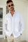 Men’s white 100% linen long sleeve guayabera featuring vertical tonal pleats and a modern resort-style fit.
