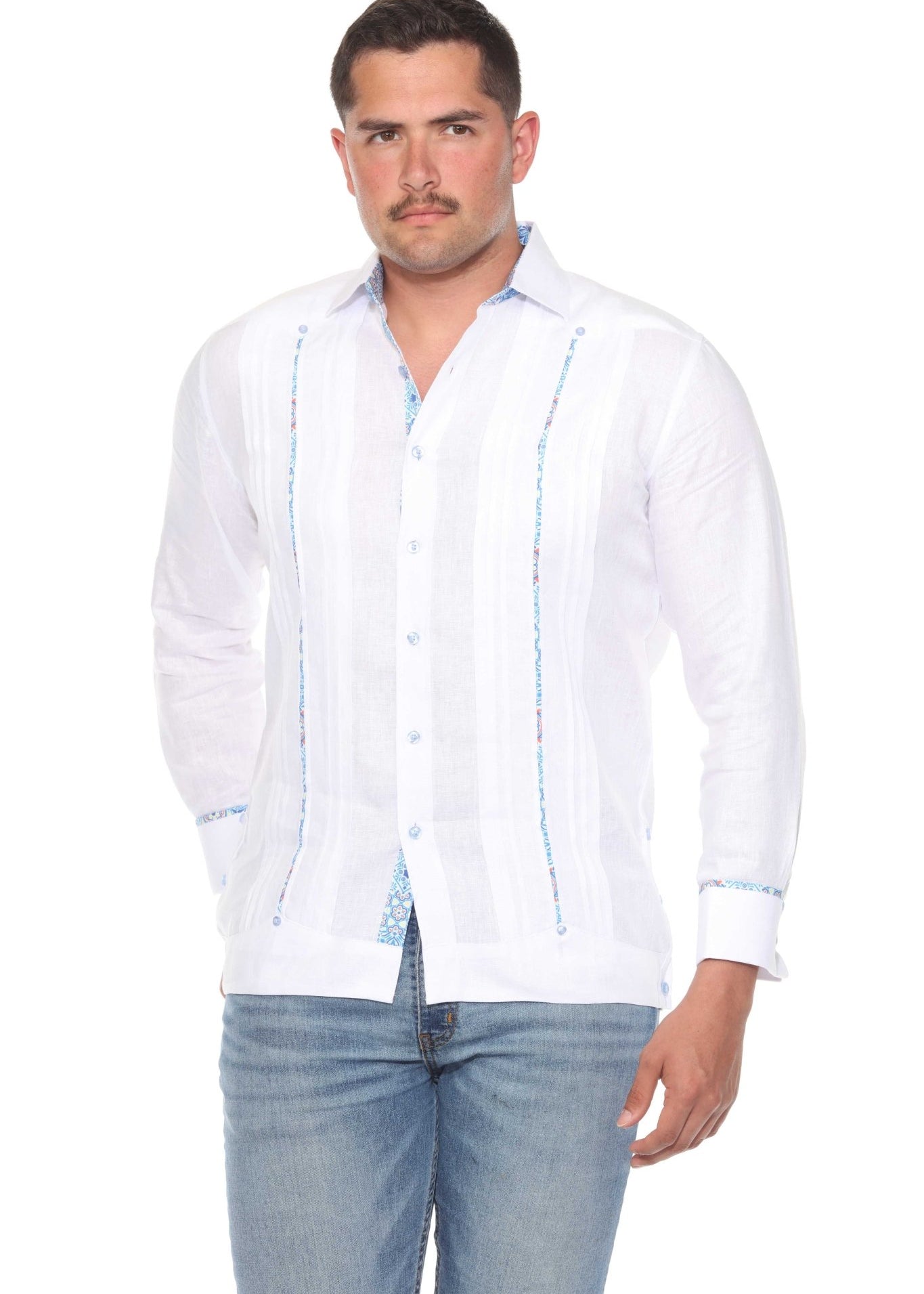 Front view of a men's 100% linen long sleeve guayabera shirt with blue embroidery and floral contrast trim.