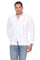 Front view of a men's 100% linen long sleeve guayabera shirt with blue embroidery and floral contrast trim.