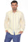 Front view of a man wearing a cream-colored 100% linen guayabera shirt with blue vertical embroidery and long sleeves.