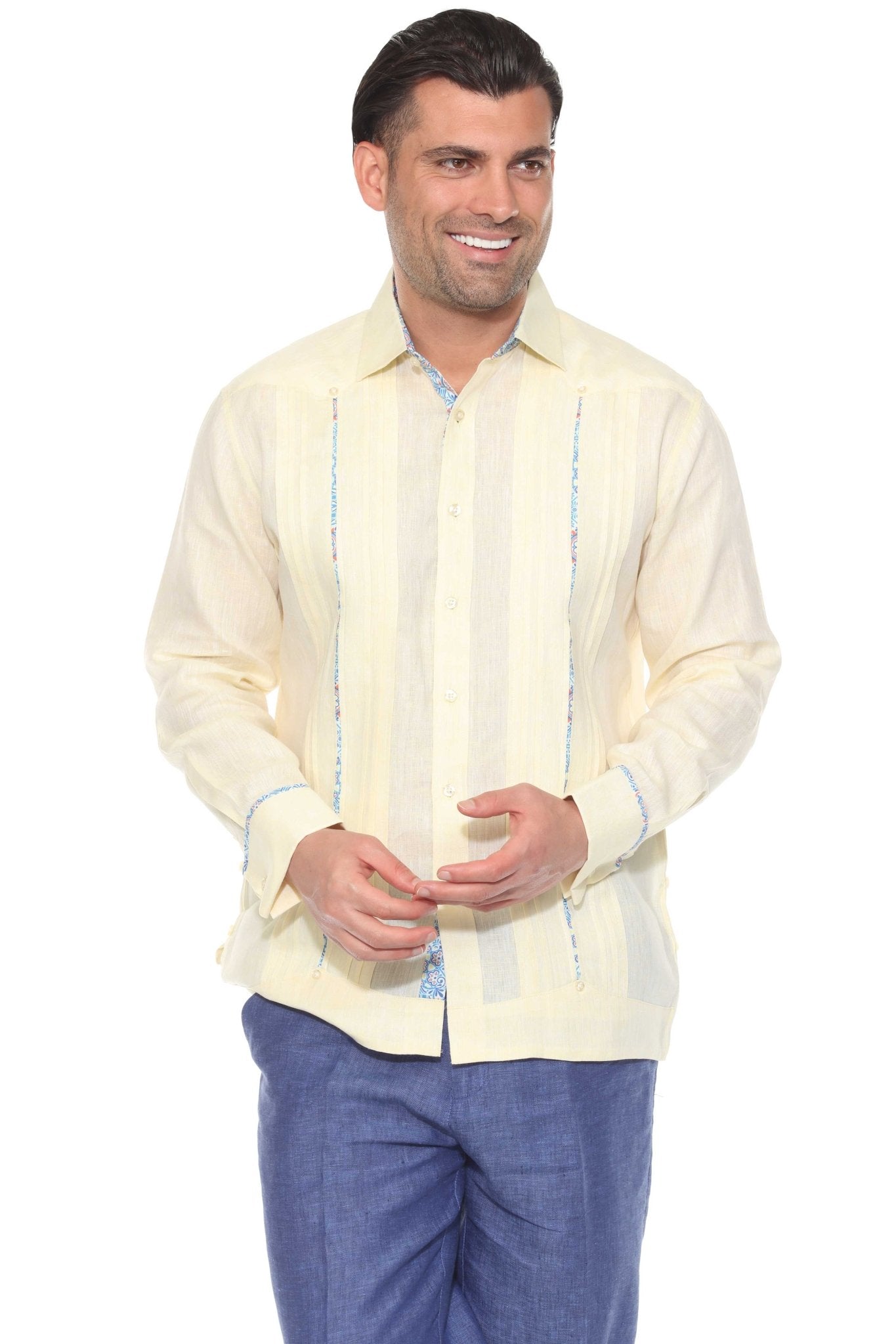 Men's 100% Linen Guayabera Shirt Long Sleeve - Floral Contrast Trim & Blue Embroidery