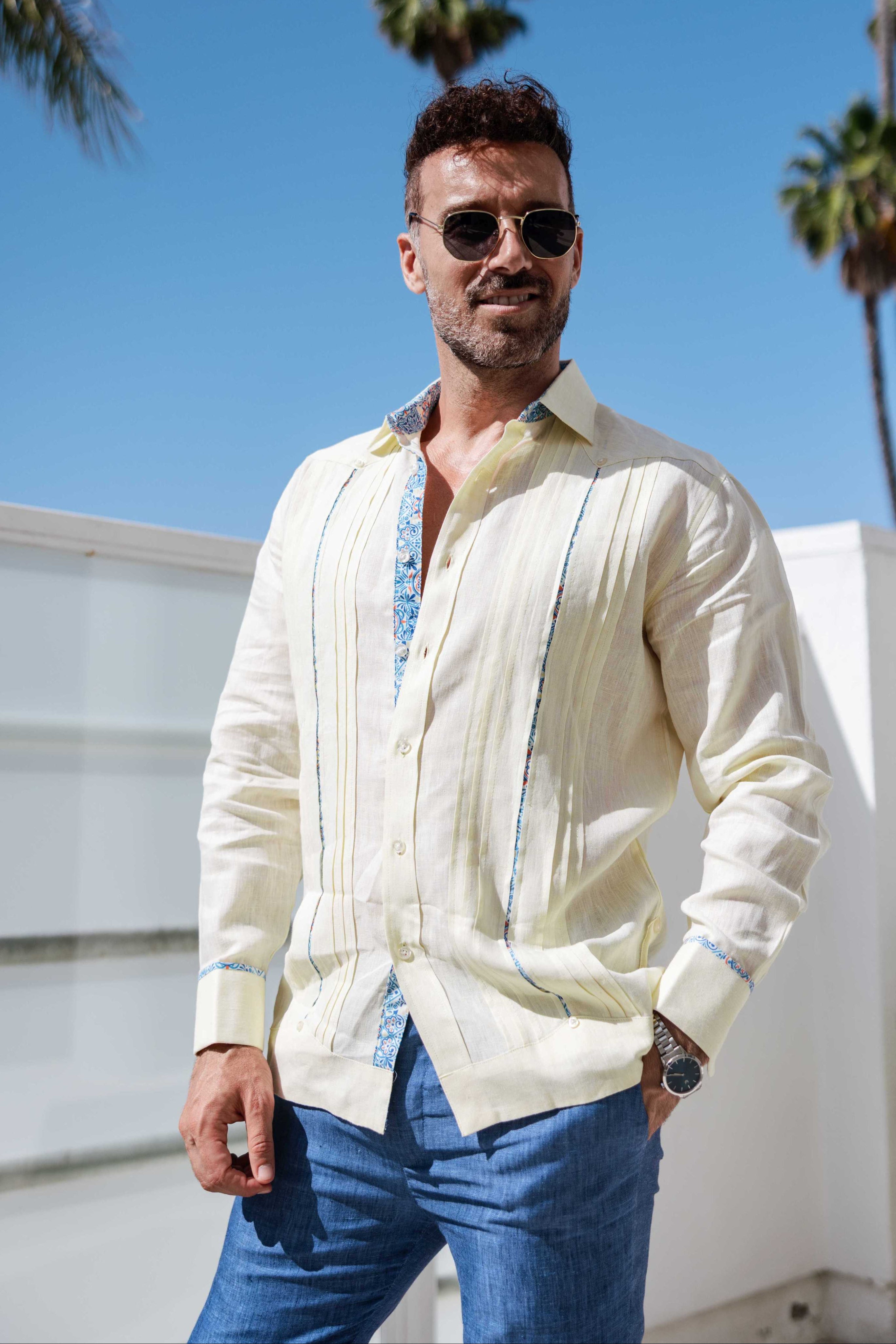 Mojito Men's 100% Linen Guayabera Chacabana Shirt Long Sleeve - Floral Contrast Trim & Blue Embroidery