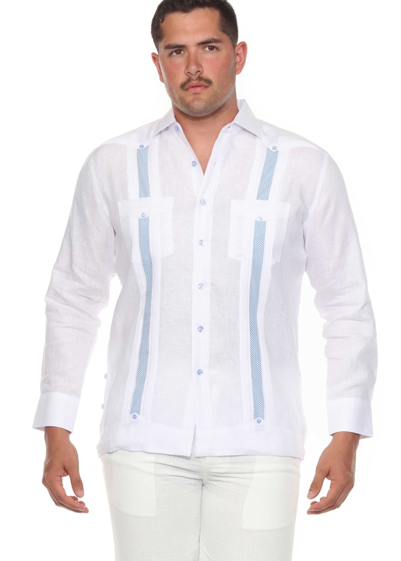 Front view of a man wearing a white Men's 100% Linen Long Sleeve Guayabera Shirt with blue artisan embroidery.