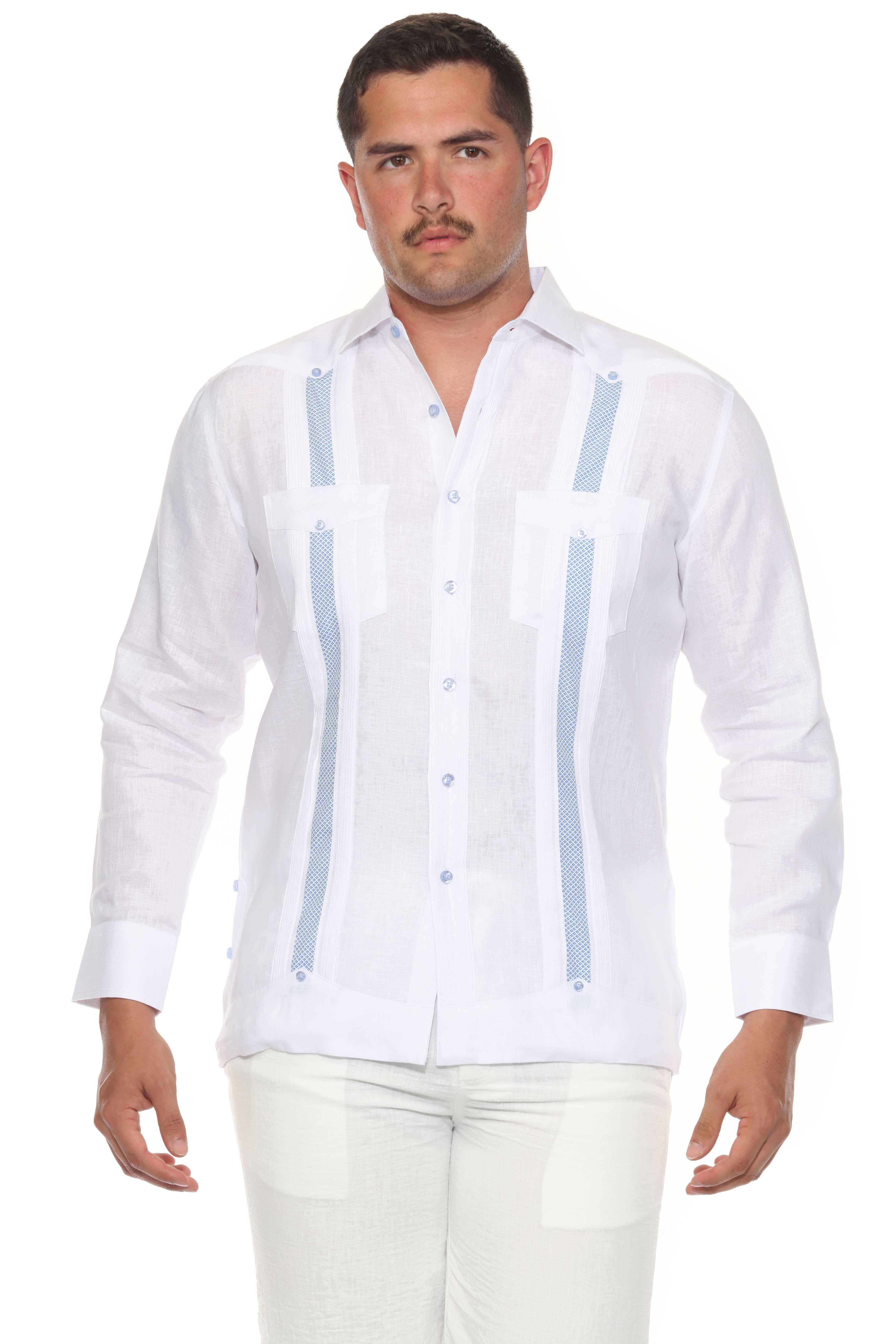 Mojito Men's 100% Linen Guayabera Chacabana Shirt Long Sleeve with Print Trim Accent