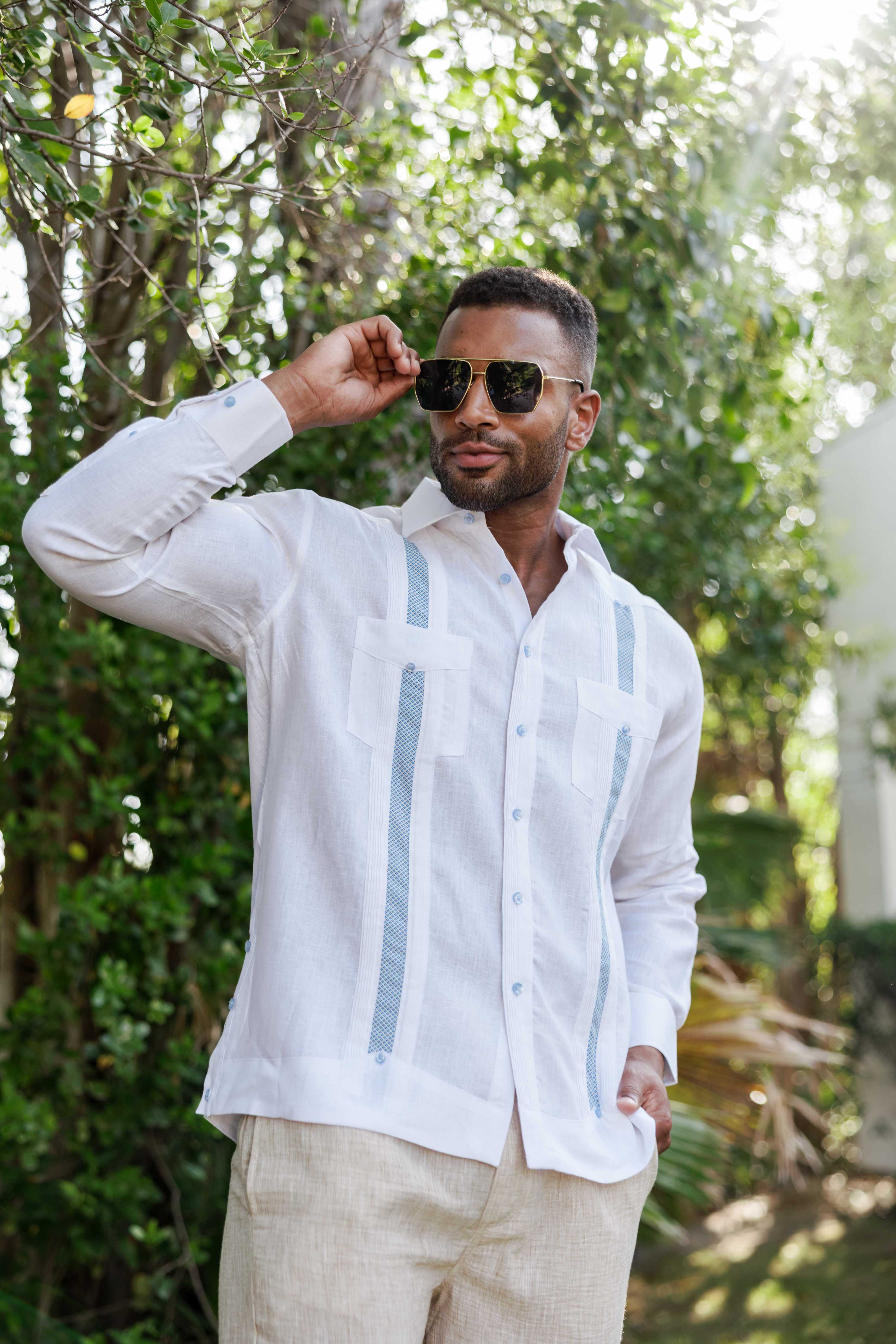 Mojito Men's 100% Linen Guayabera Chacabana Shirt Long Sleeve - Artisan Embroidery