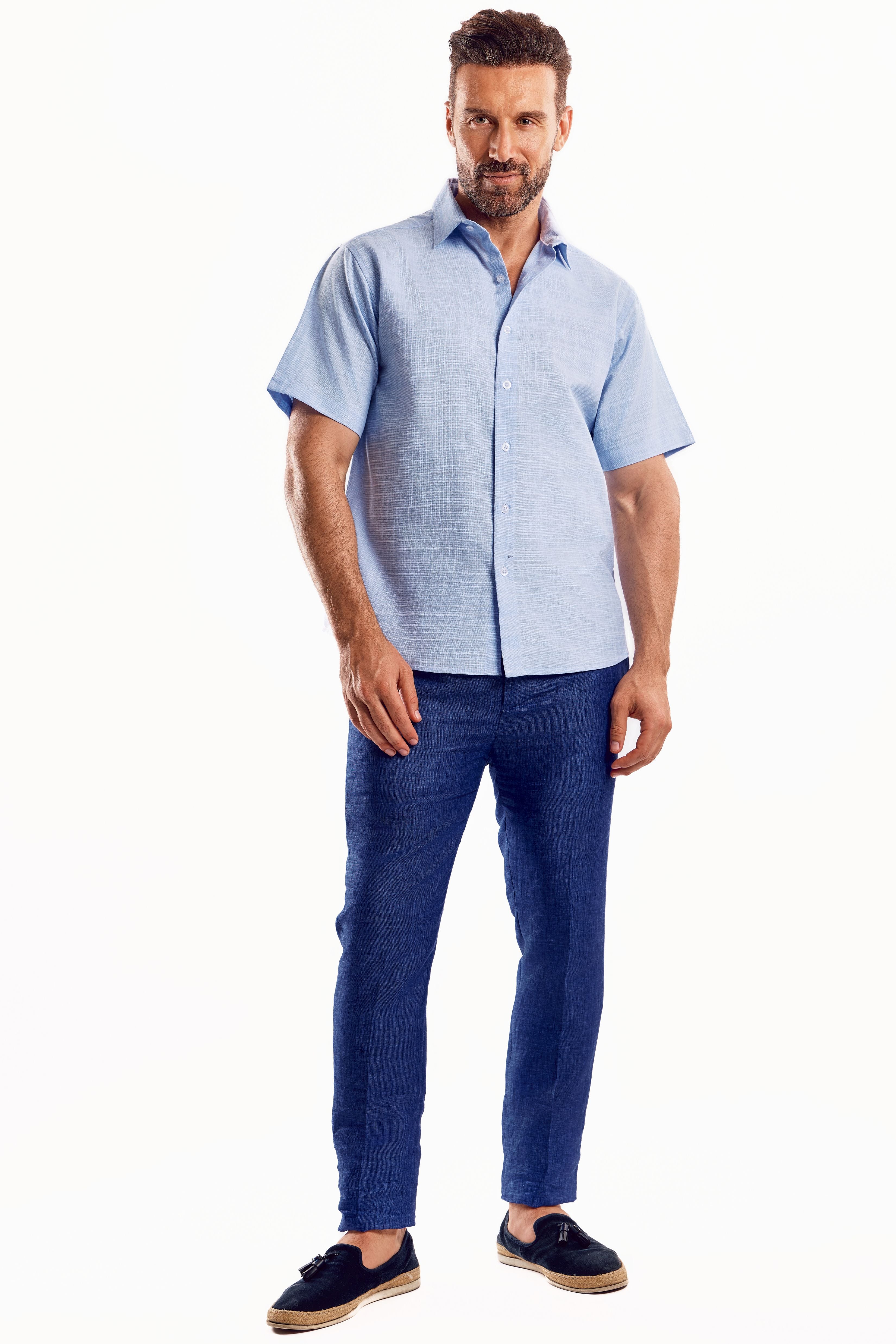 Camisa de manga corta de mezcla de lino con trama cruzada