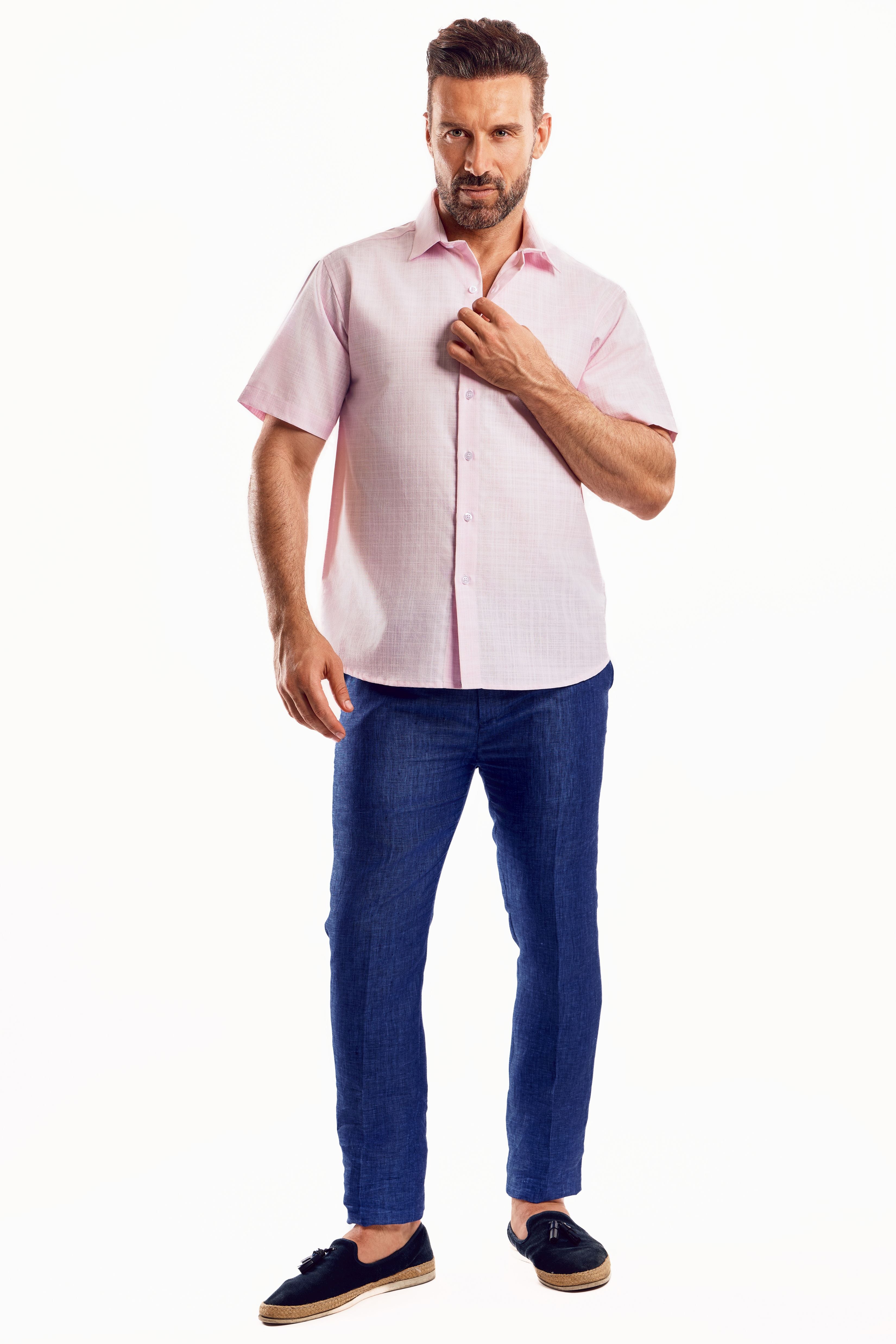Camisa de manga corta de mezcla de lino con trama cruzada