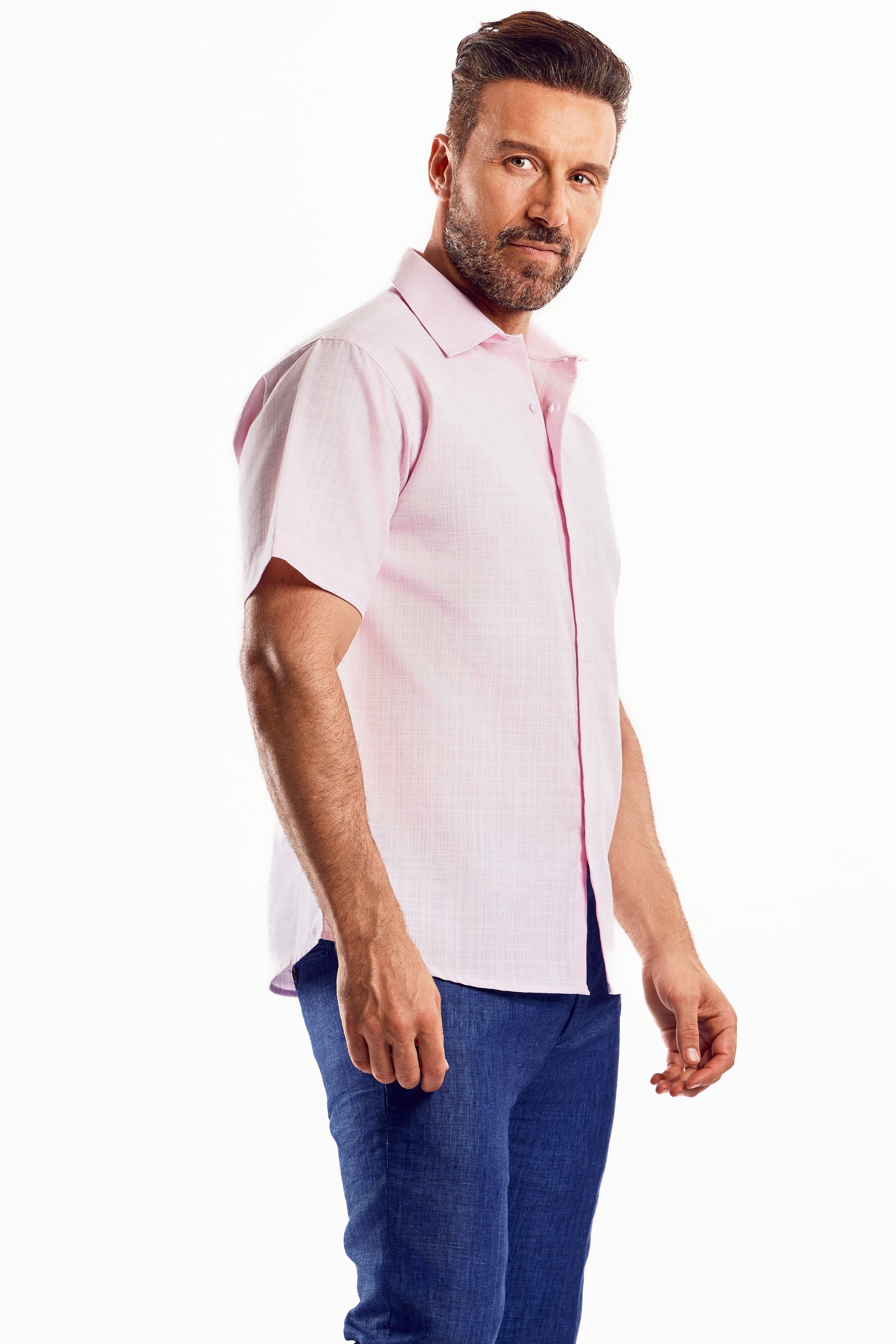 Camisa de manga corta de mezcla de lino con trama cruzada