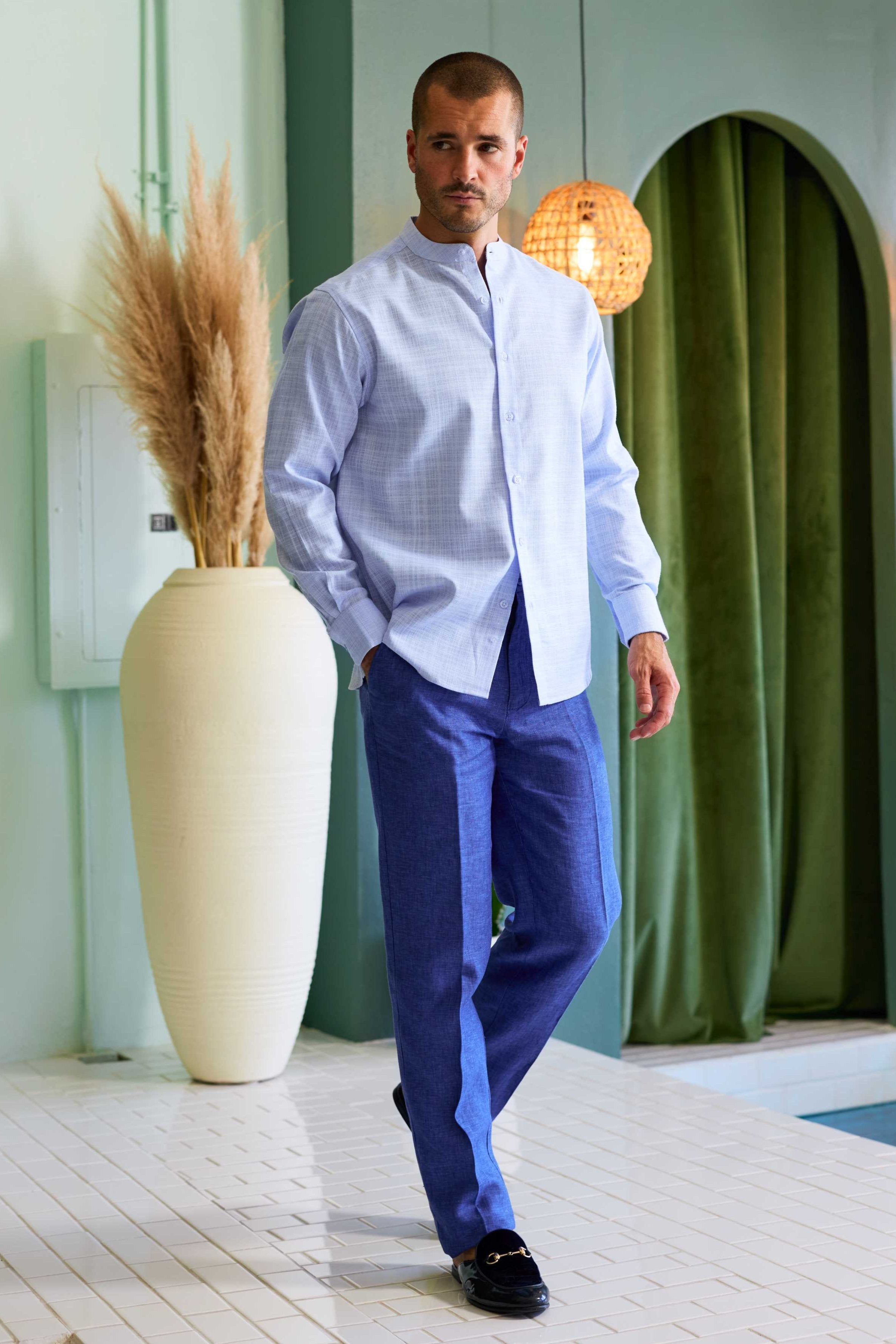 Mojito Cross Hatch Linen Blend Mandarin Collar Long Sleeve Shirt