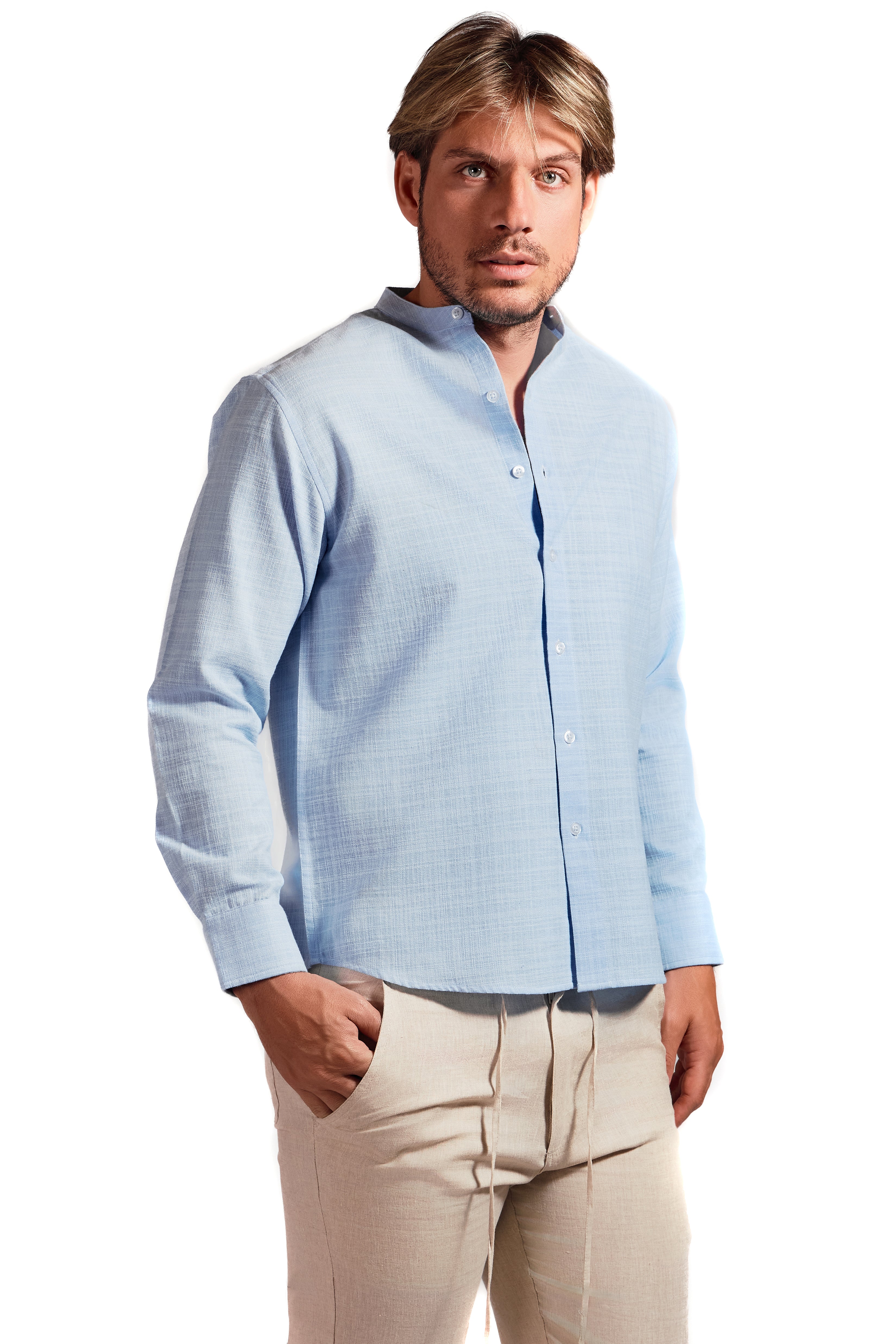 Camisa de manga larga con cuello mandarín y mezcla de lino con trama cruzada