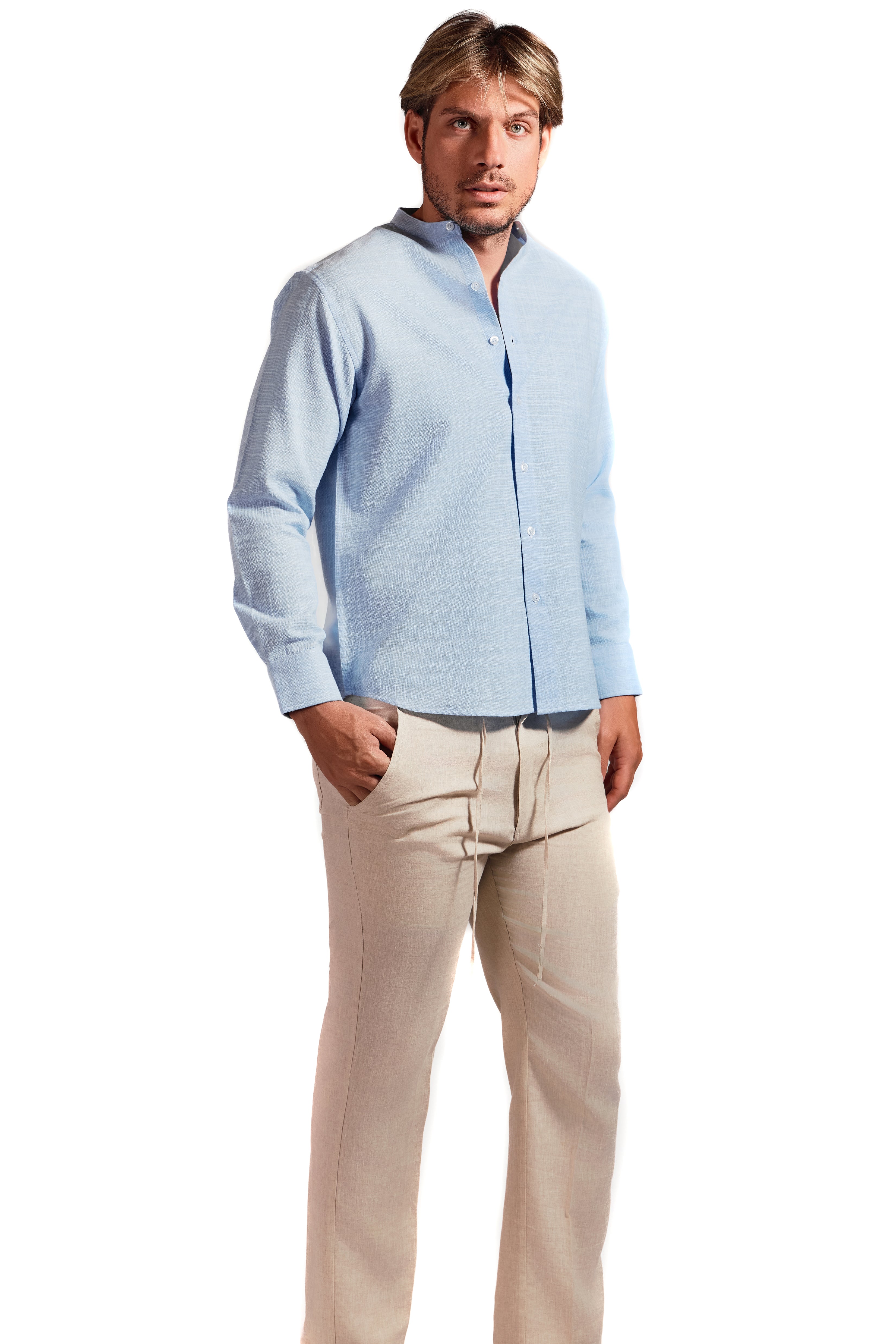 Camisa de manga larga con cuello mandarín y mezcla de lino con trama cruzada