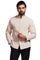 A man poses in a tan Men's Mandarin Collar Long Sleeve Shirt.