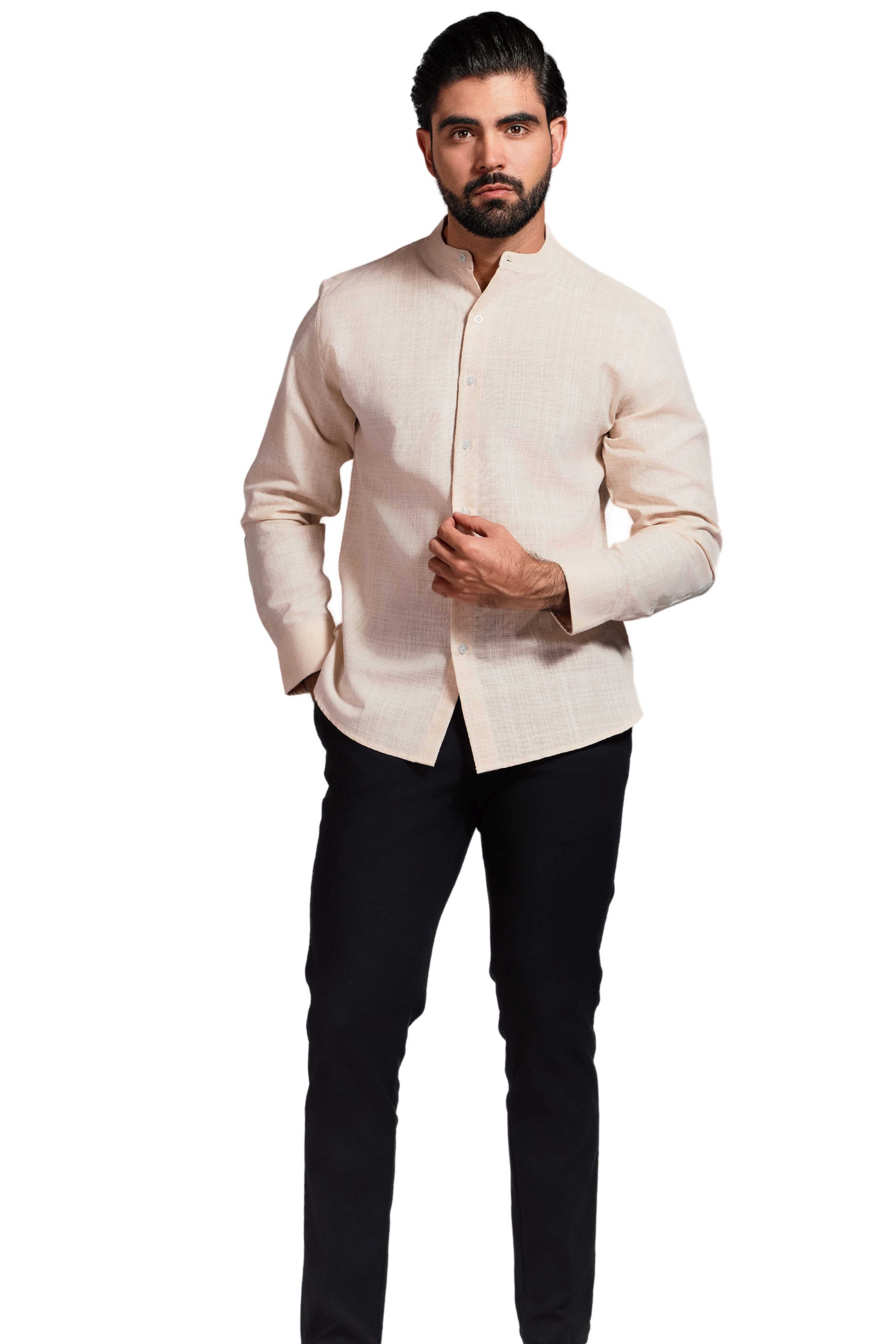 Camisa de manga larga con cuello mandarín y mezcla de lino con trama cruzada