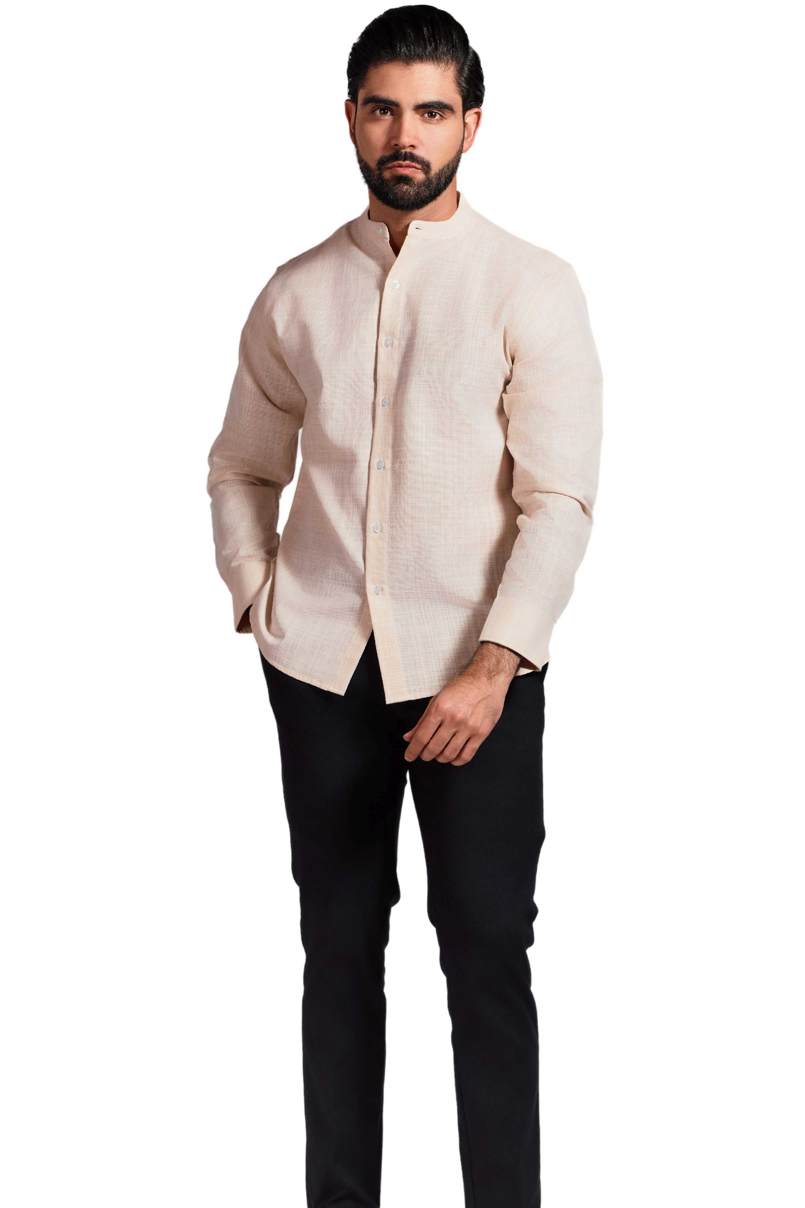 Camisa de manga larga con cuello mandarín y mezcla de lino con trama cruzada