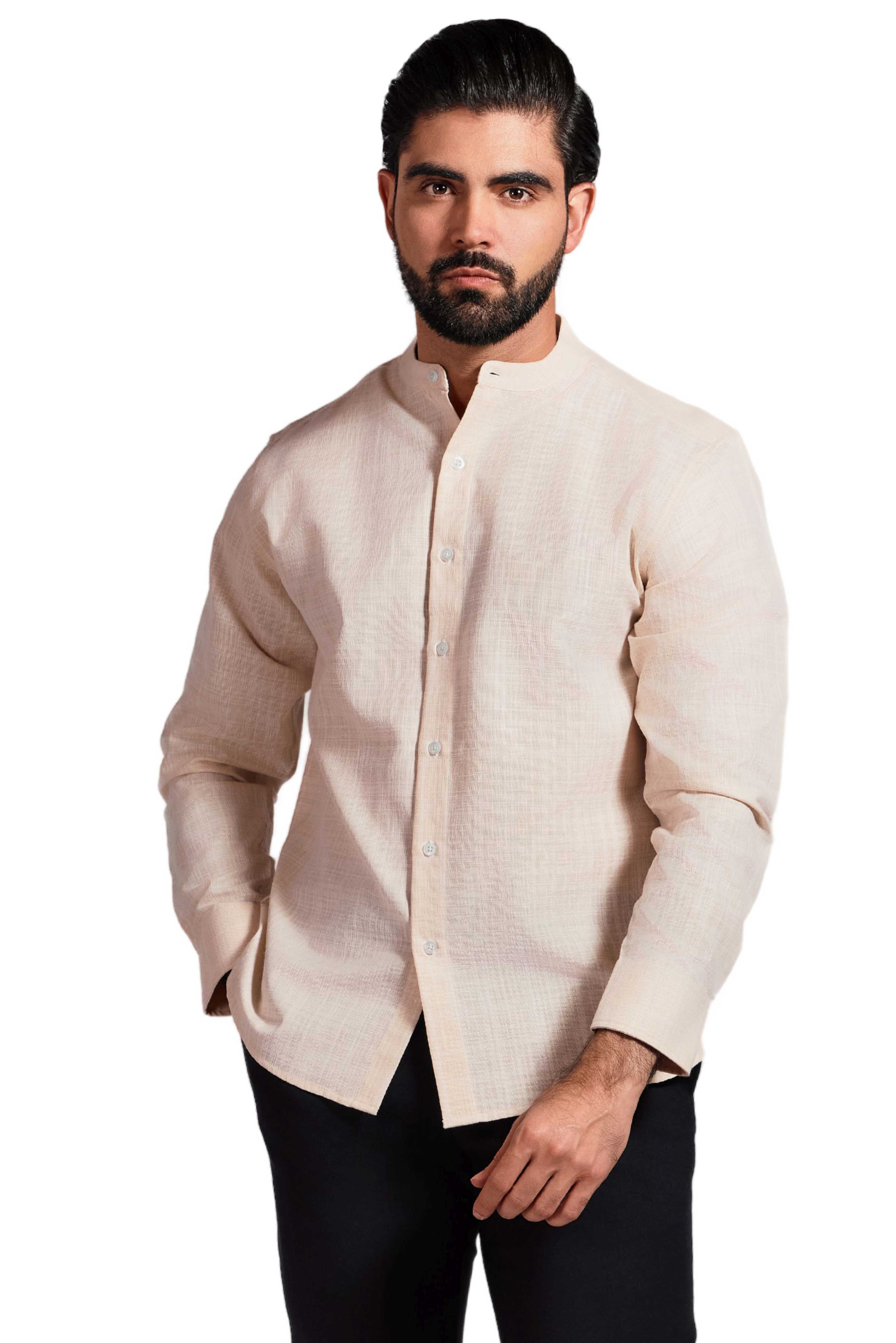 Camisa de manga larga con cuello mandarín y mezcla de lino con trama cruzada