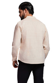 Camisa de manga larga con cuello mandarín y mezcla de lino con trama cruzada