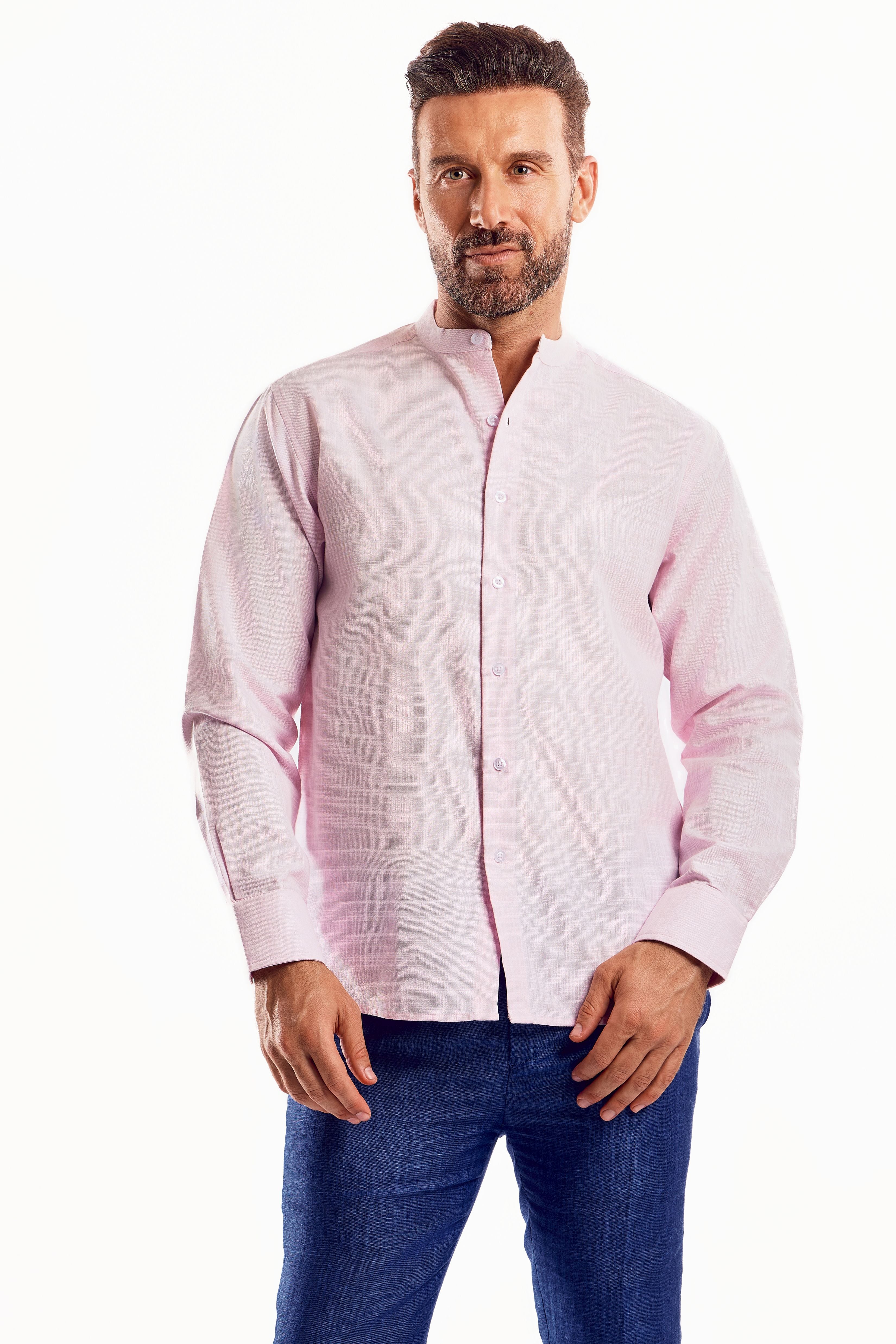 Camisa de manga larga con cuello mandarín y mezcla de lino con trama cruzada