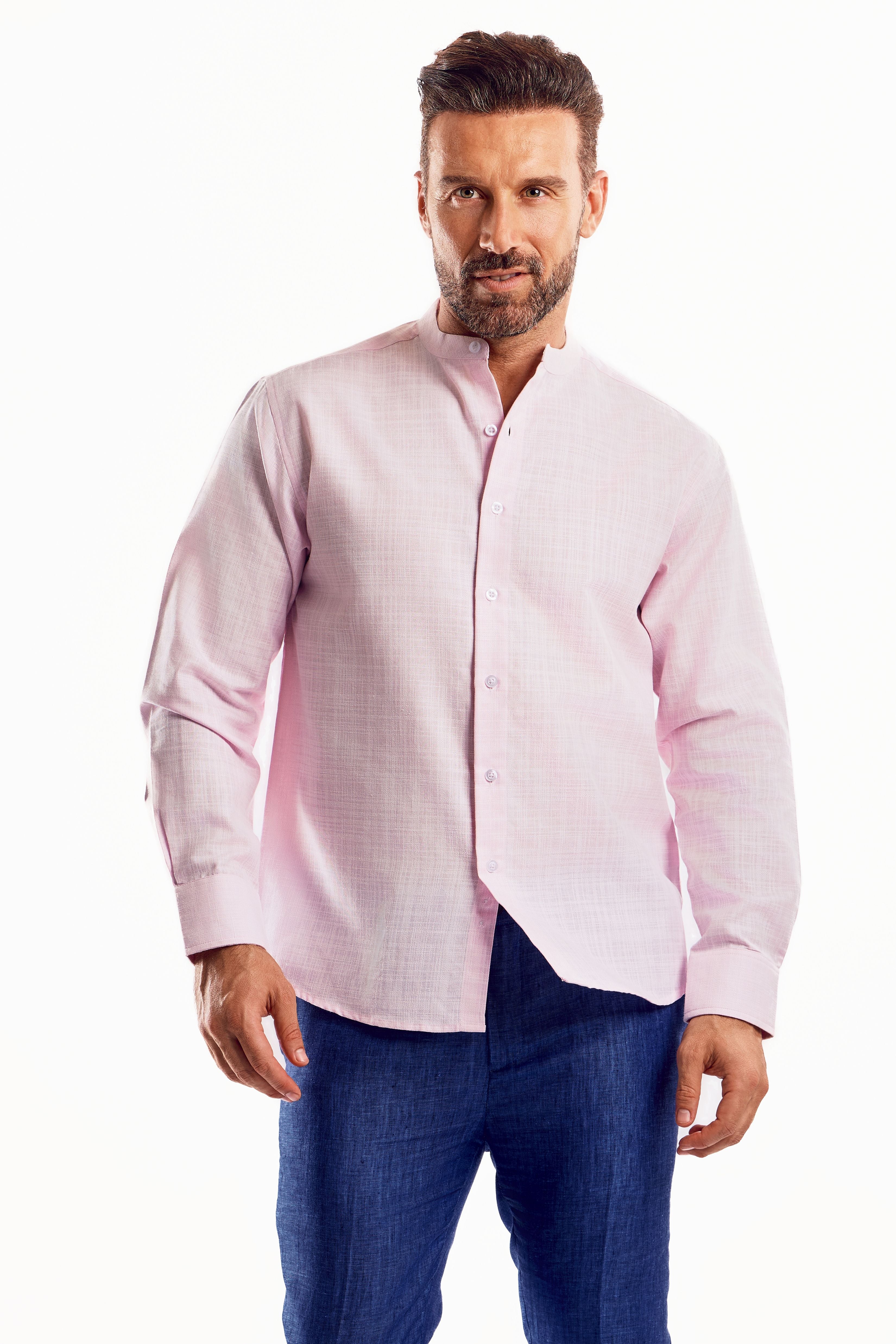 Camisa de manga larga con cuello mandarín y mezcla de lino con trama cruzada
