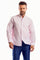 A man wears a light pink Men's Mandarin Collar Long Sleeve Shirt, shown from the front.