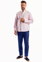Camisa de manga larga con cuello mandarín y mezcla de lino con trama cruzada