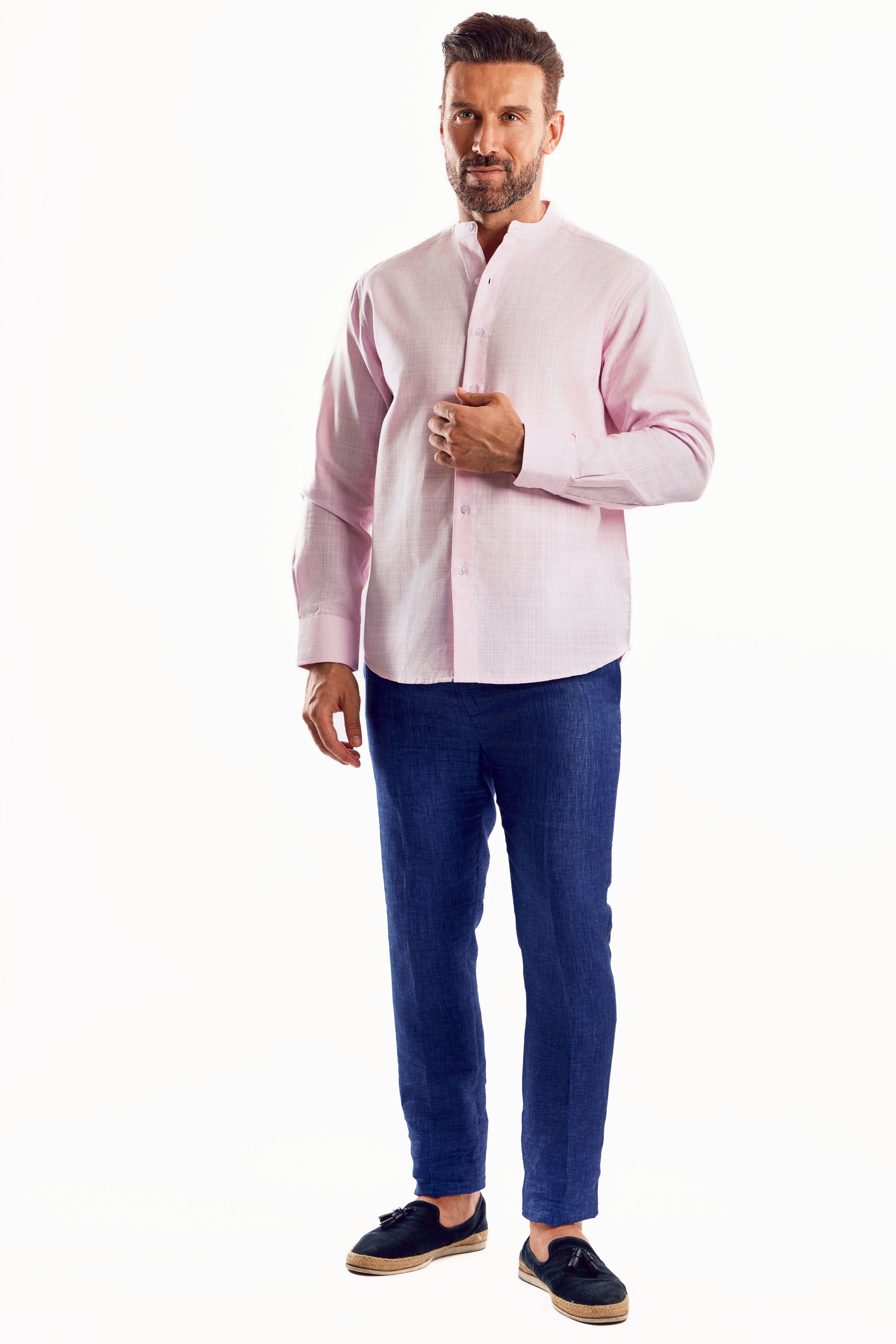 Camisa de manga larga con cuello mandarín y mezcla de lino con trama cruzada