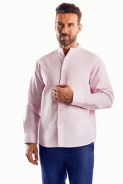 Camisa de manga larga con cuello mandarín y mezcla de lino con trama cruzada