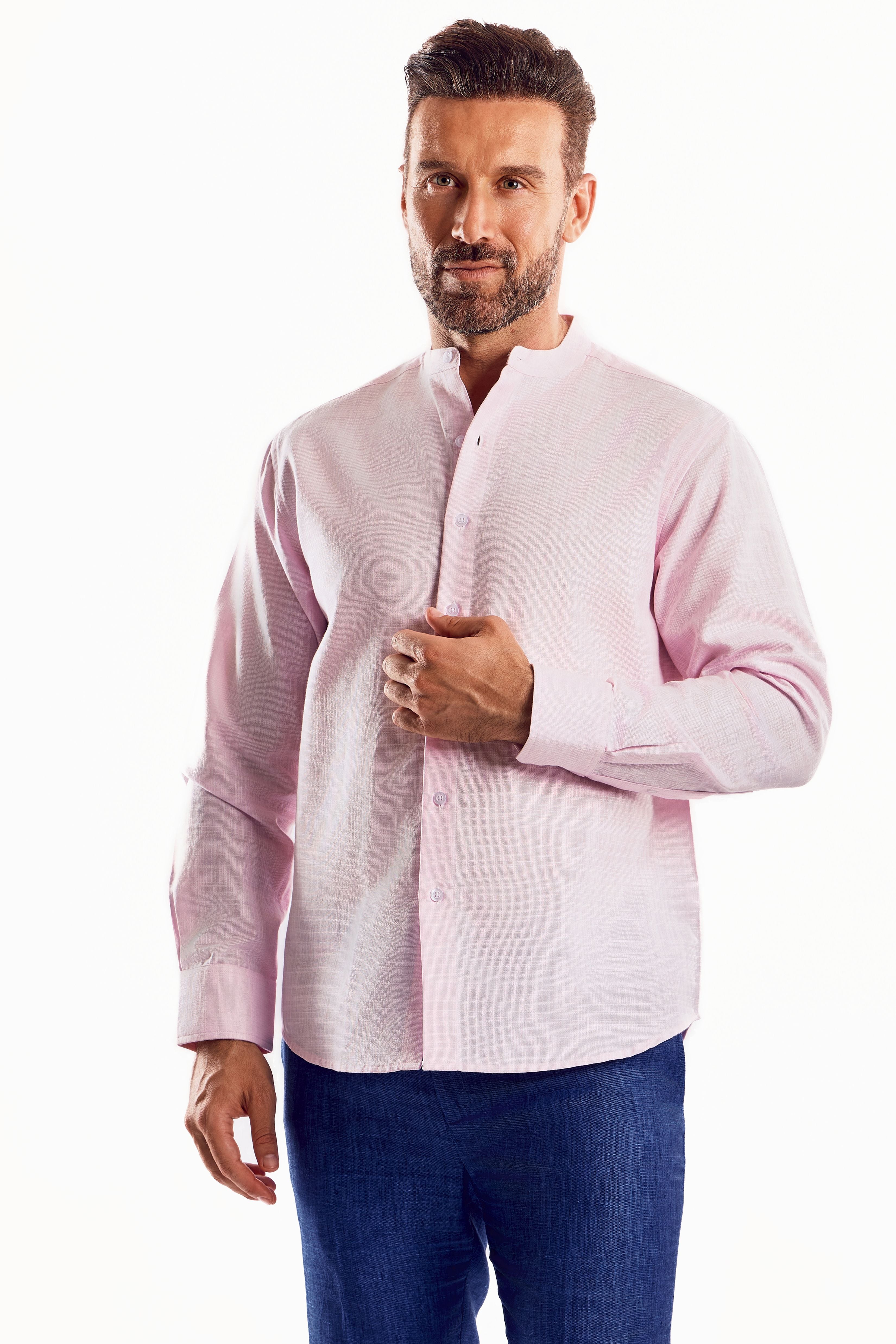 Camisa de manga larga con cuello mandarín y mezcla de lino con trama cruzada