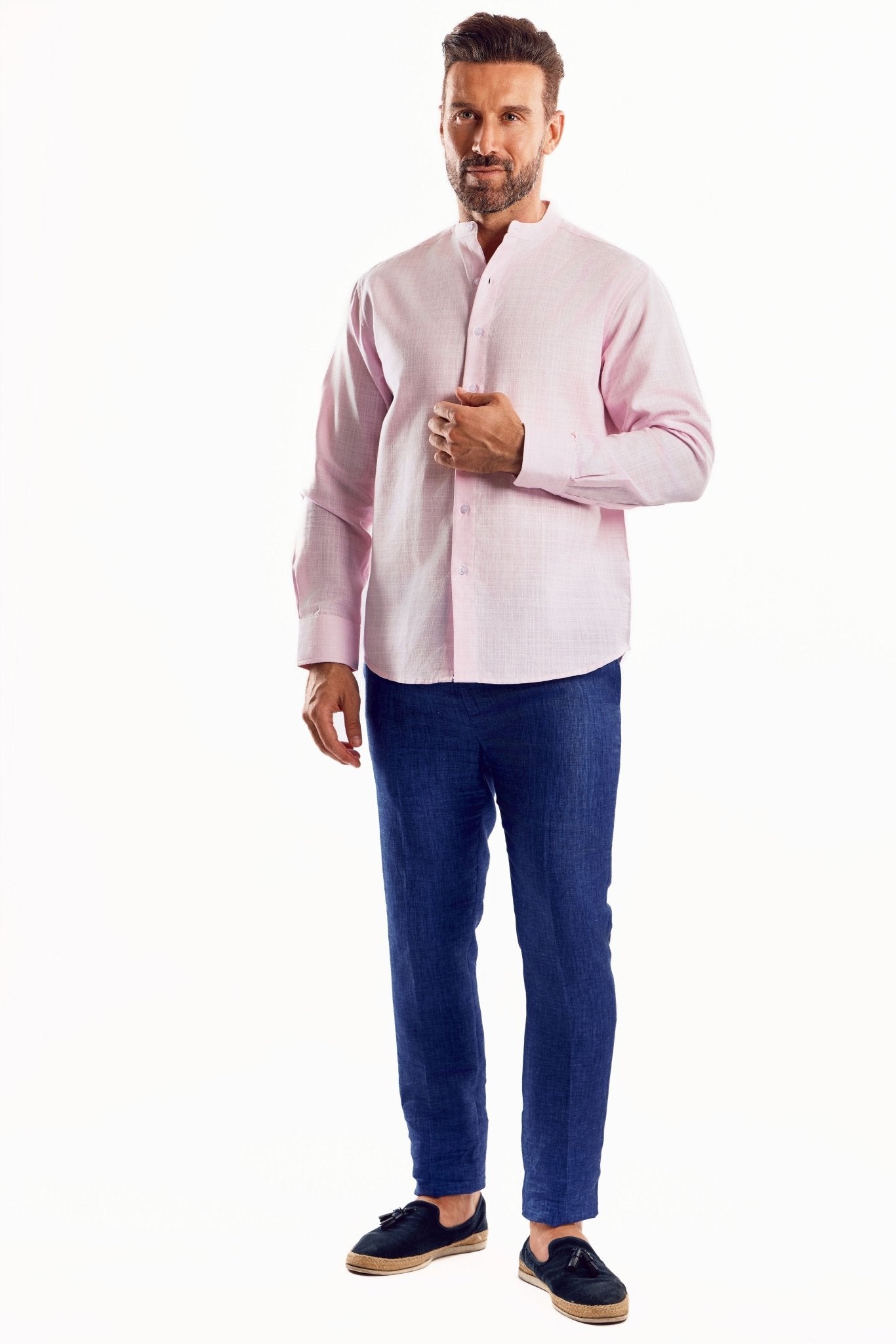 Men's Lyocell Linen Mandarin Collar Long Sleeve Shirt Large / AQUA Men's Lyocell Linen Mandarin Collar Long Sleeve Shirt Large / AQUA