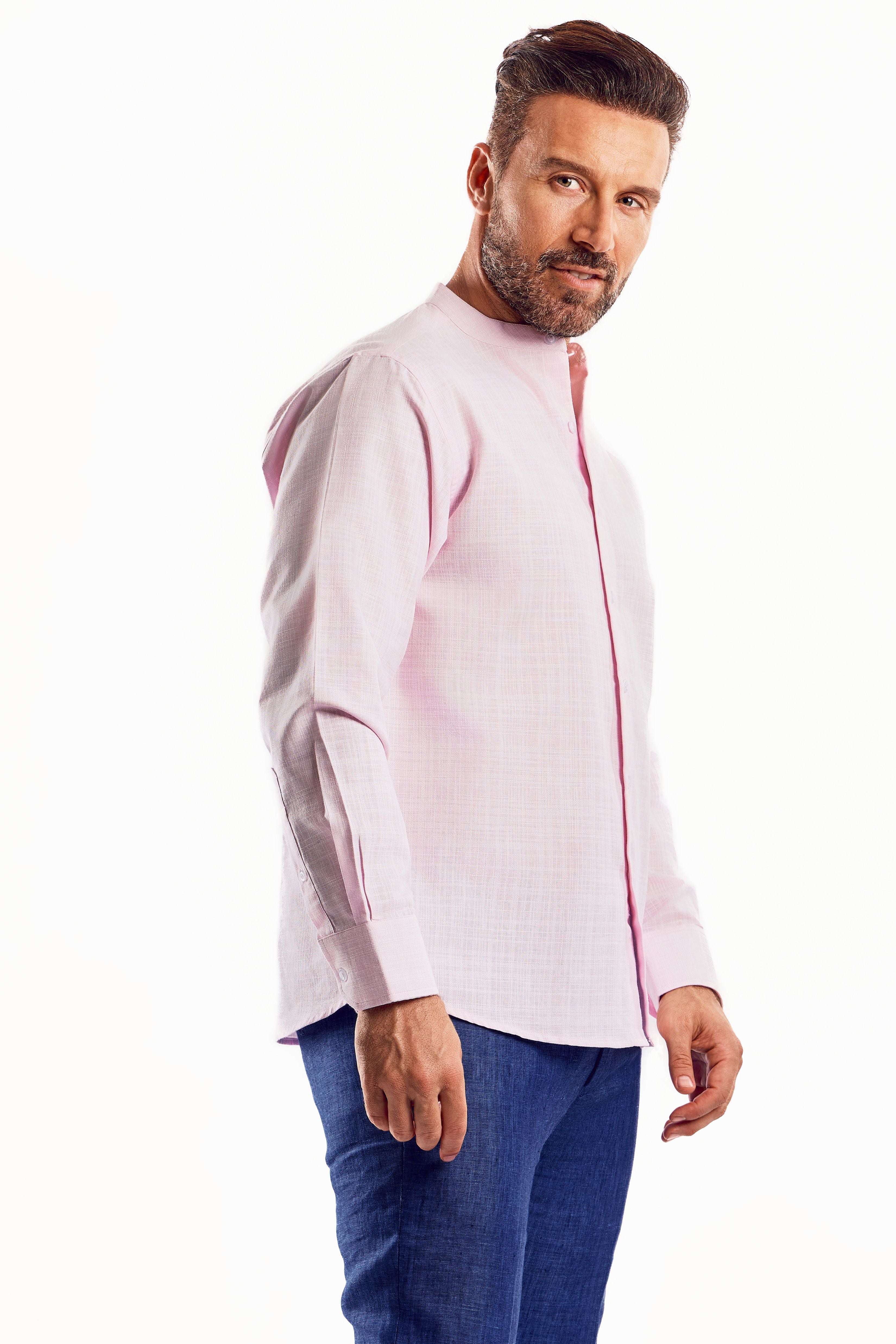 Camisa de manga larga con cuello mandarín y mezcla de lino con trama cruzada