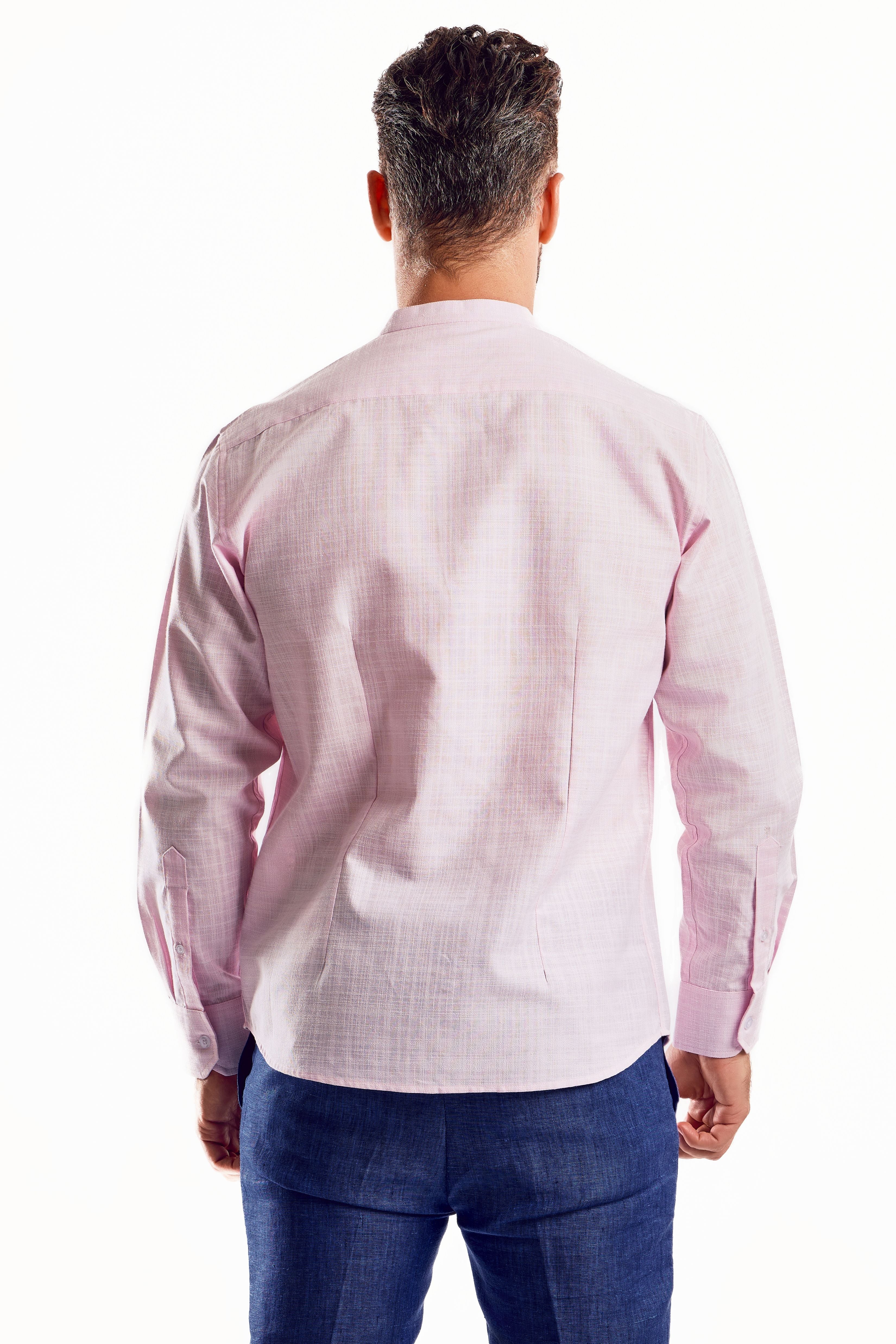 Camisa de manga larga con cuello mandarín y mezcla de lino con trama cruzada