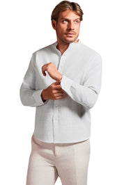 Camisa de manga larga con cuello mandarín y mezcla de lino con trama cruzada