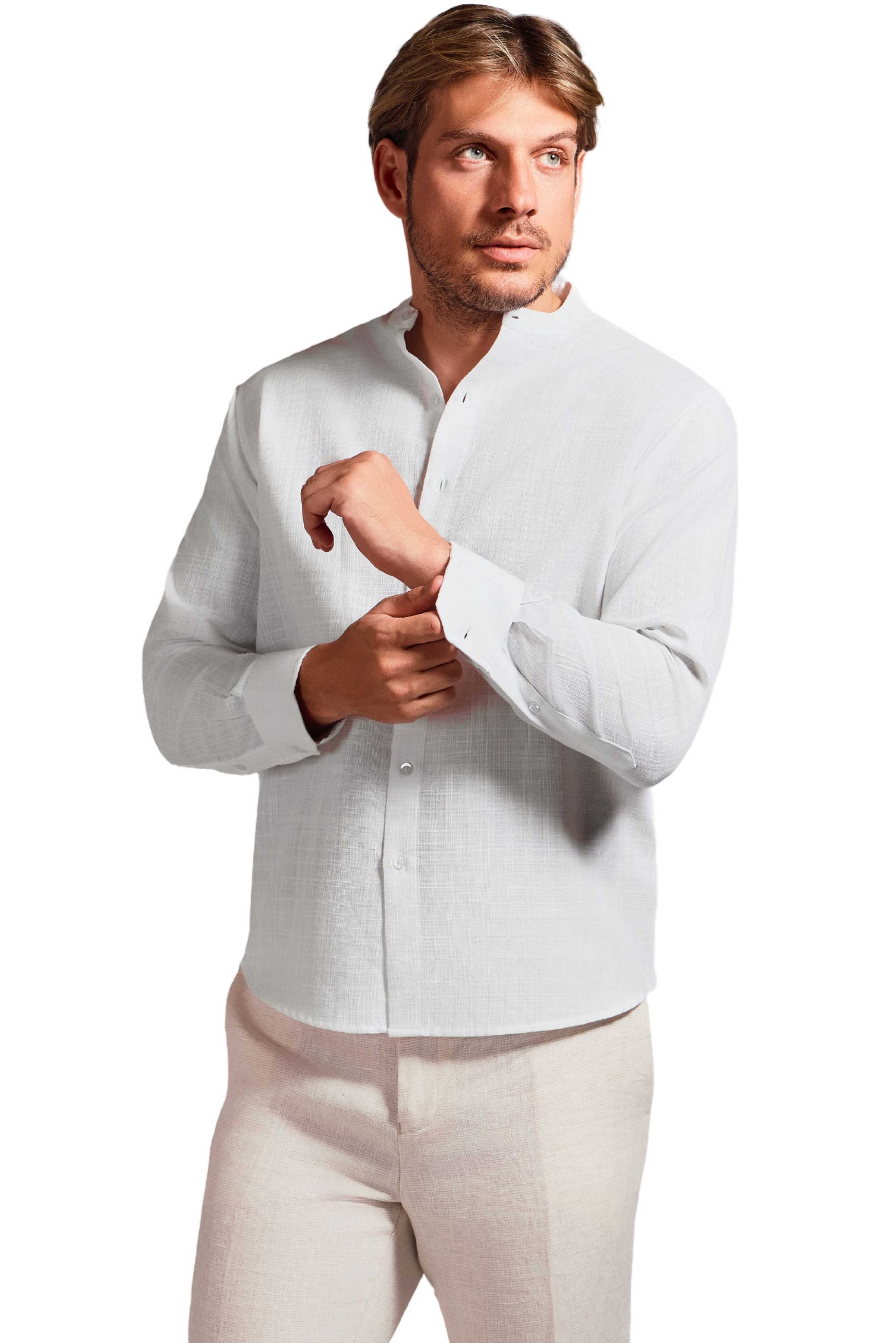 Camisa de manga larga con cuello mandarín y mezcla de lino con trama cruzada