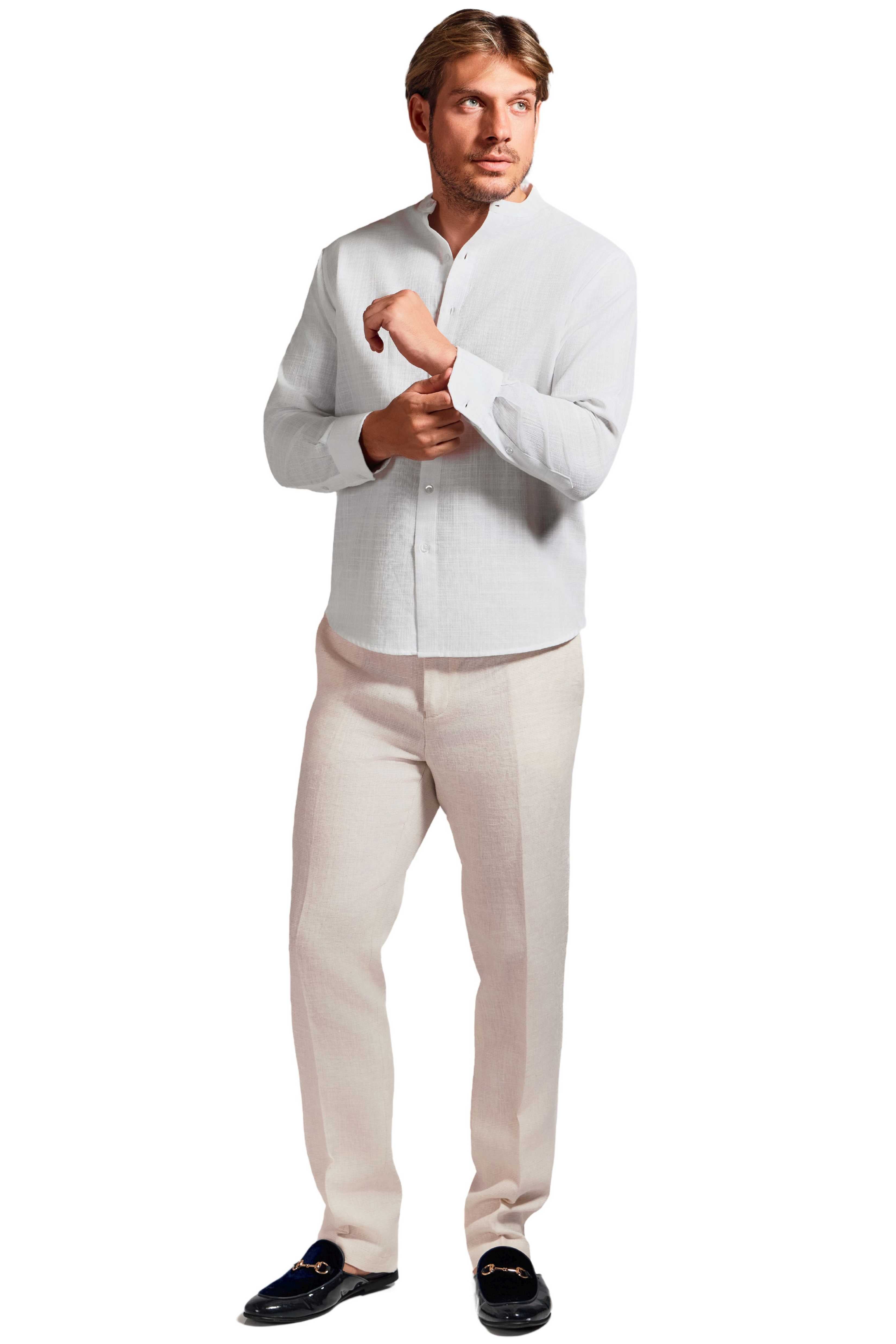 【Raucohouse】Ethnic linen see-through long sleeve Mojito Cross Hatch Linen Blend Mandarin Collar Long Sleeve
