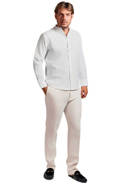 Camisa de manga larga con cuello mandarín y mezcla de lino con trama cruzada