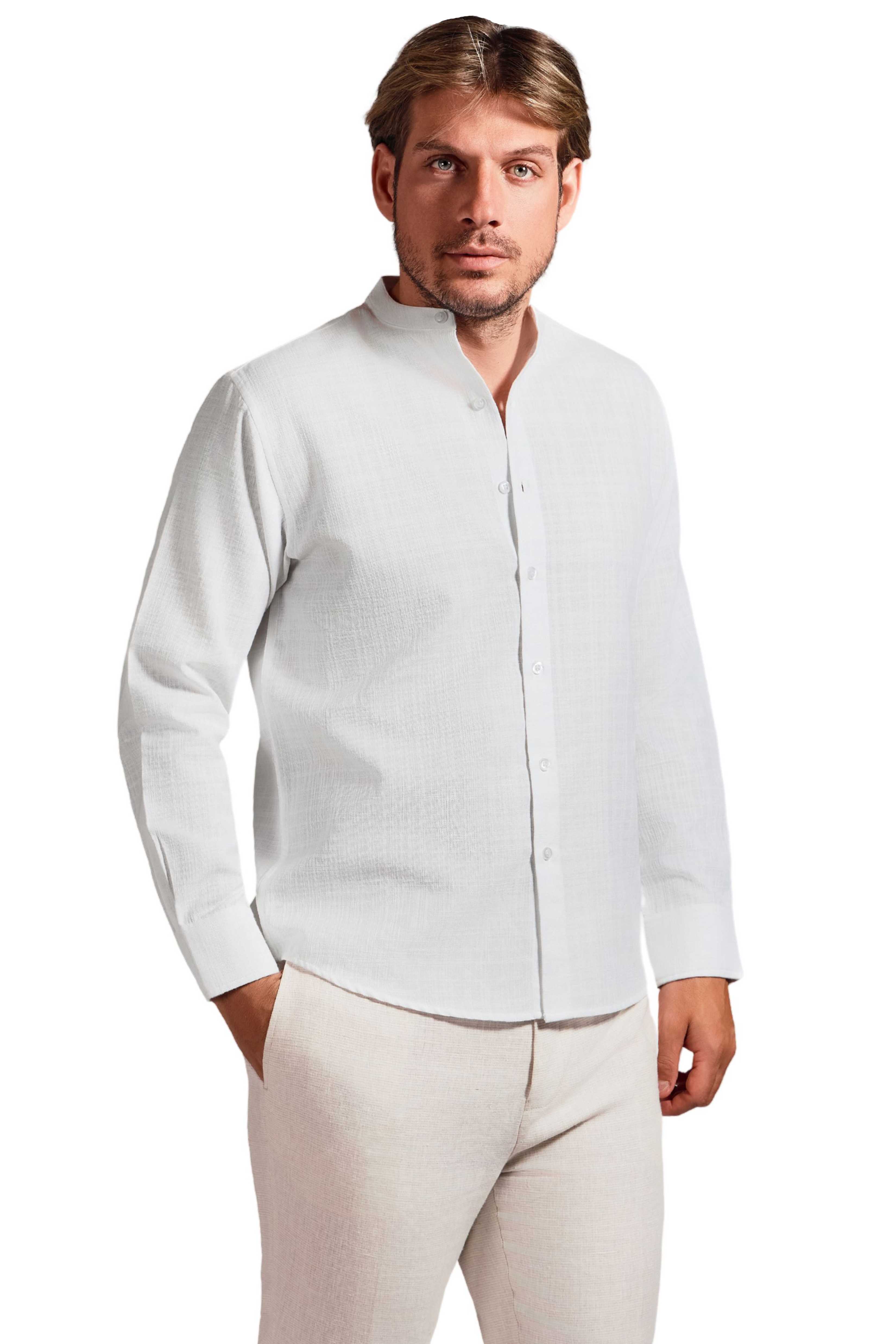 Camisa de manga larga con cuello mandarín y mezcla de lino con trama cruzada