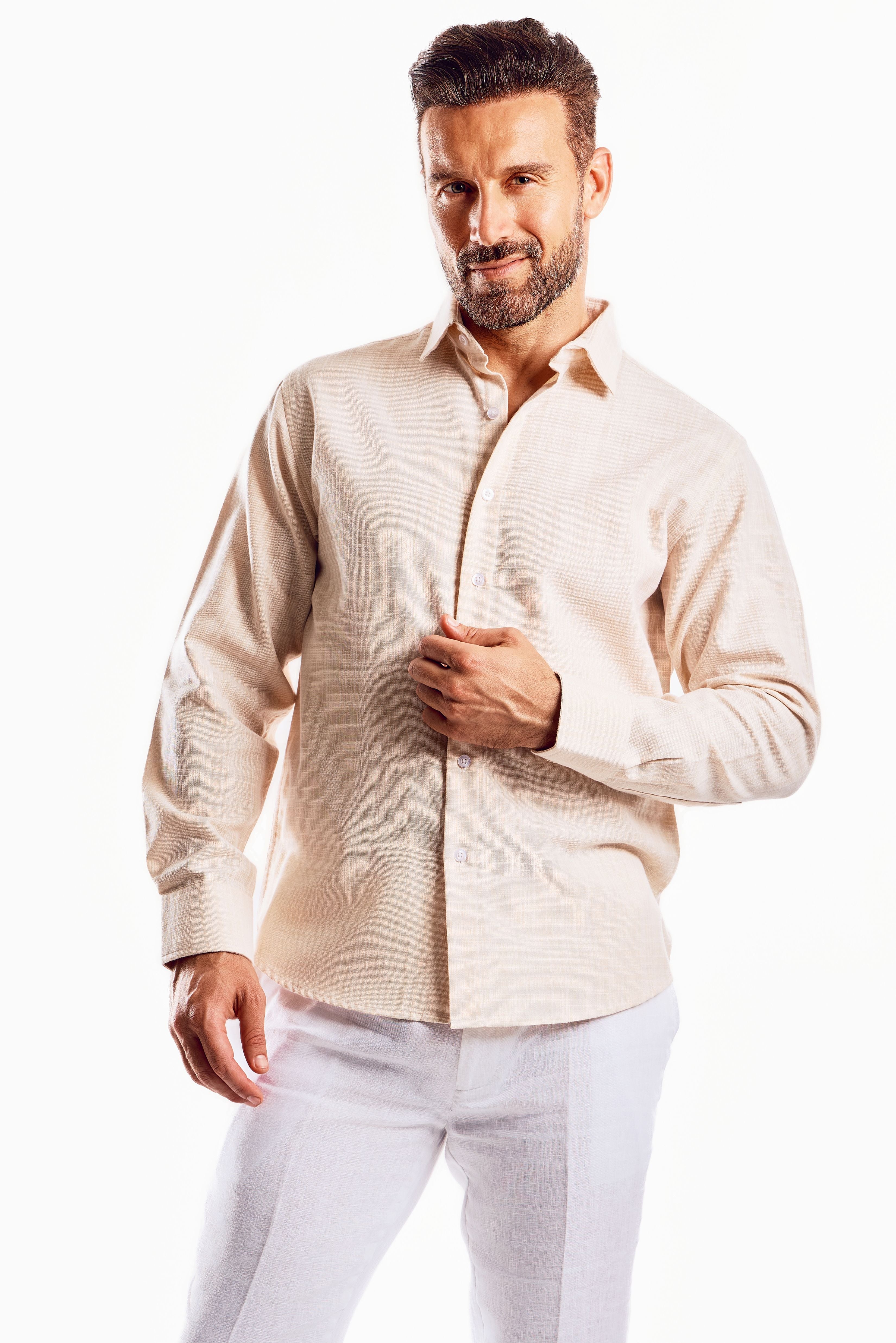 Camisa de manga larga de mezcla de lino con trama cruzada
