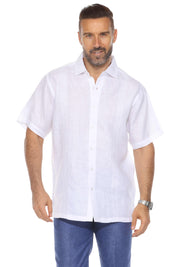 Camisa de lino 100 % para hombre, de manga corta, con detalle bordado