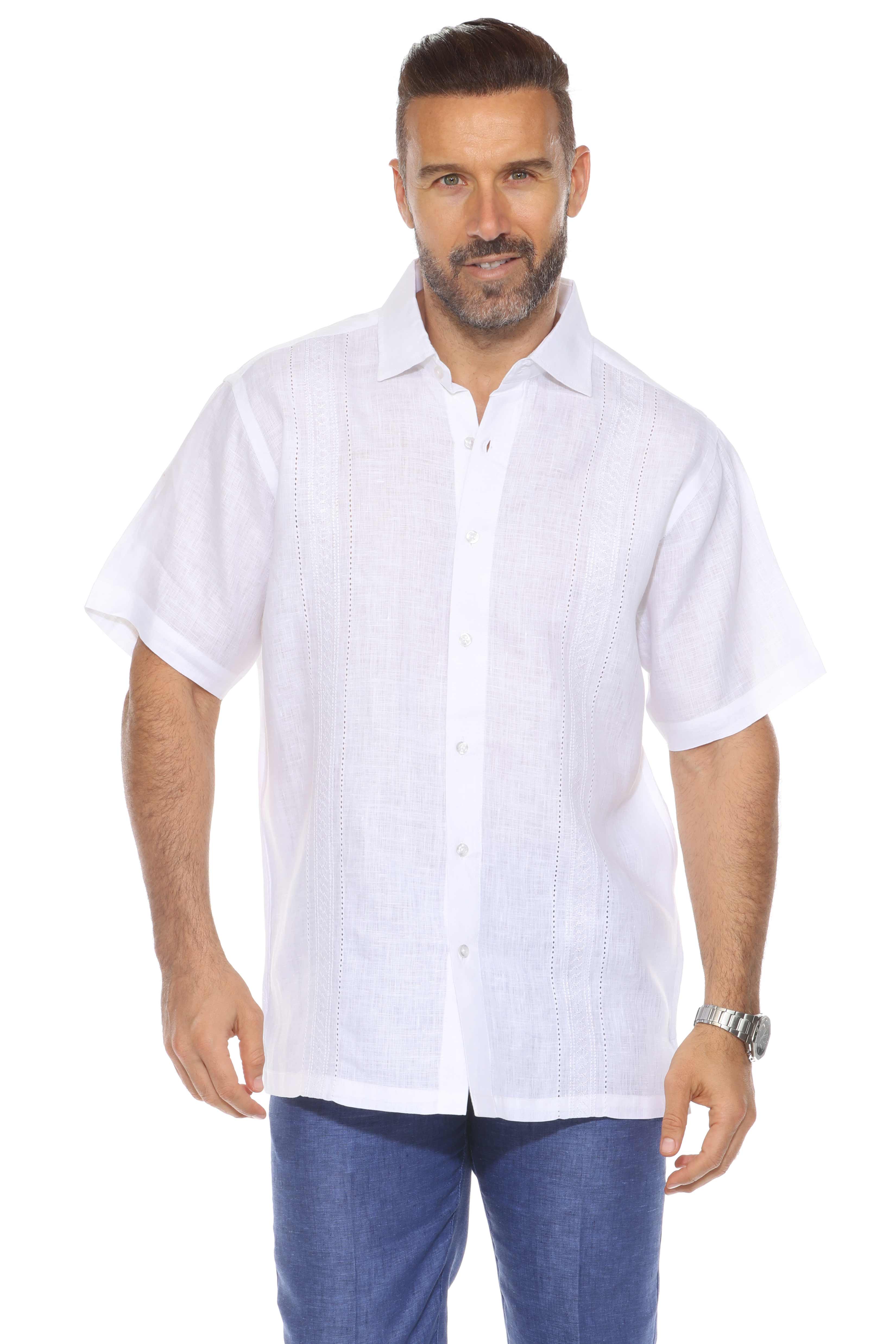Camisa de lino 100 % para hombre, de manga corta, con detalle bordado
