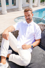 Camisa de lino 100 % para hombre, de manga corta, con detalle bordado