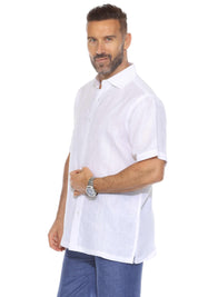 Camisa de lino 100 % para hombre, de manga corta, con detalle bordado