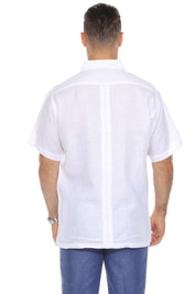 Camisa de lino 100 % para hombre, de manga corta, con detalle bordado