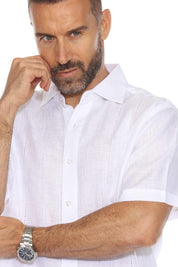 Camisa de lino 100 % para hombre, de manga corta, con detalle bordado