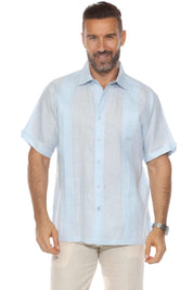 Camisa de lino 100 % para hombre, manga corta, con detalle de pinzas