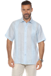 Camisa de lino 100 % para hombre, manga corta, con detalle de pinzas