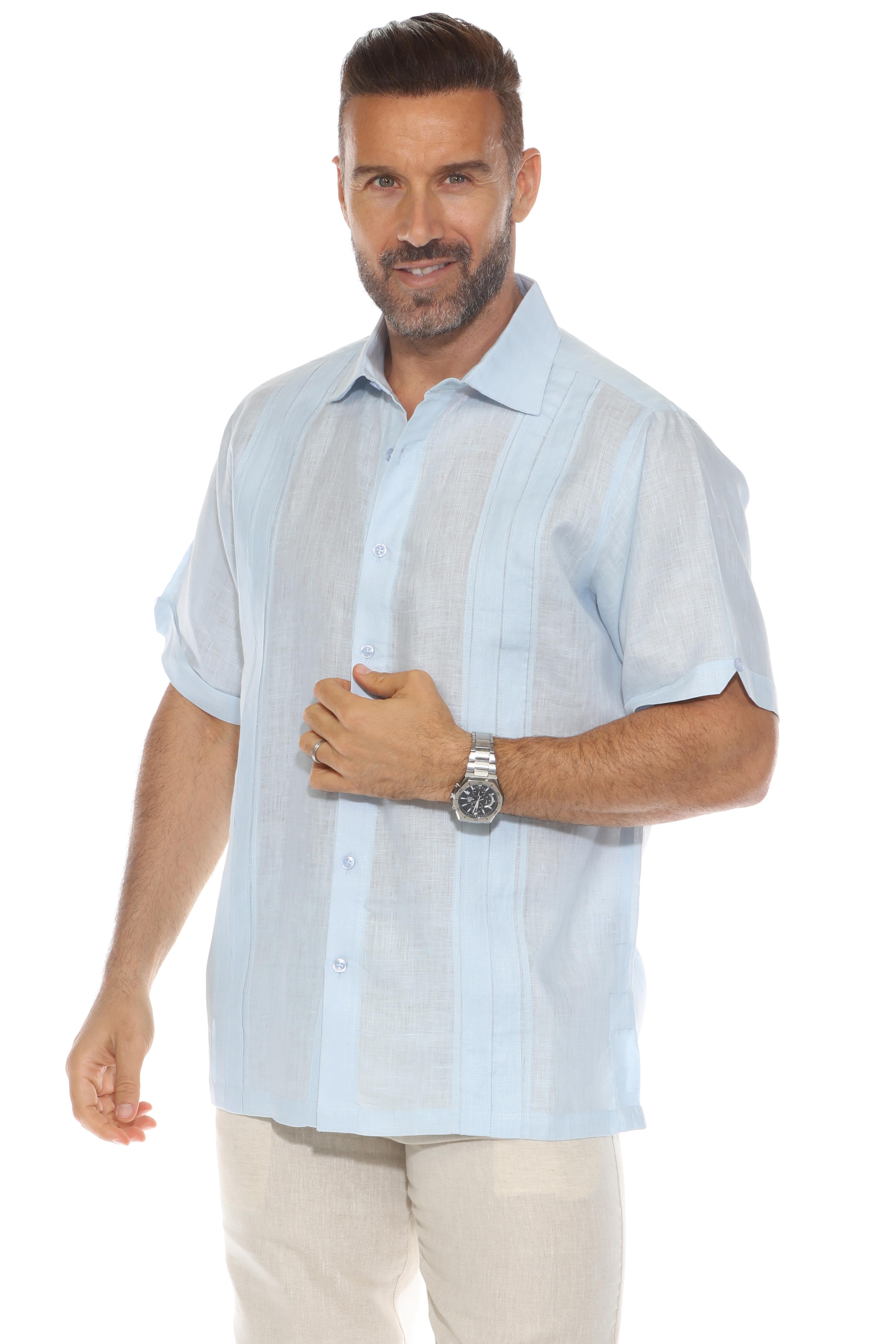 Camisa de lino 100 % para hombre, manga corta, con detalle de pinzas