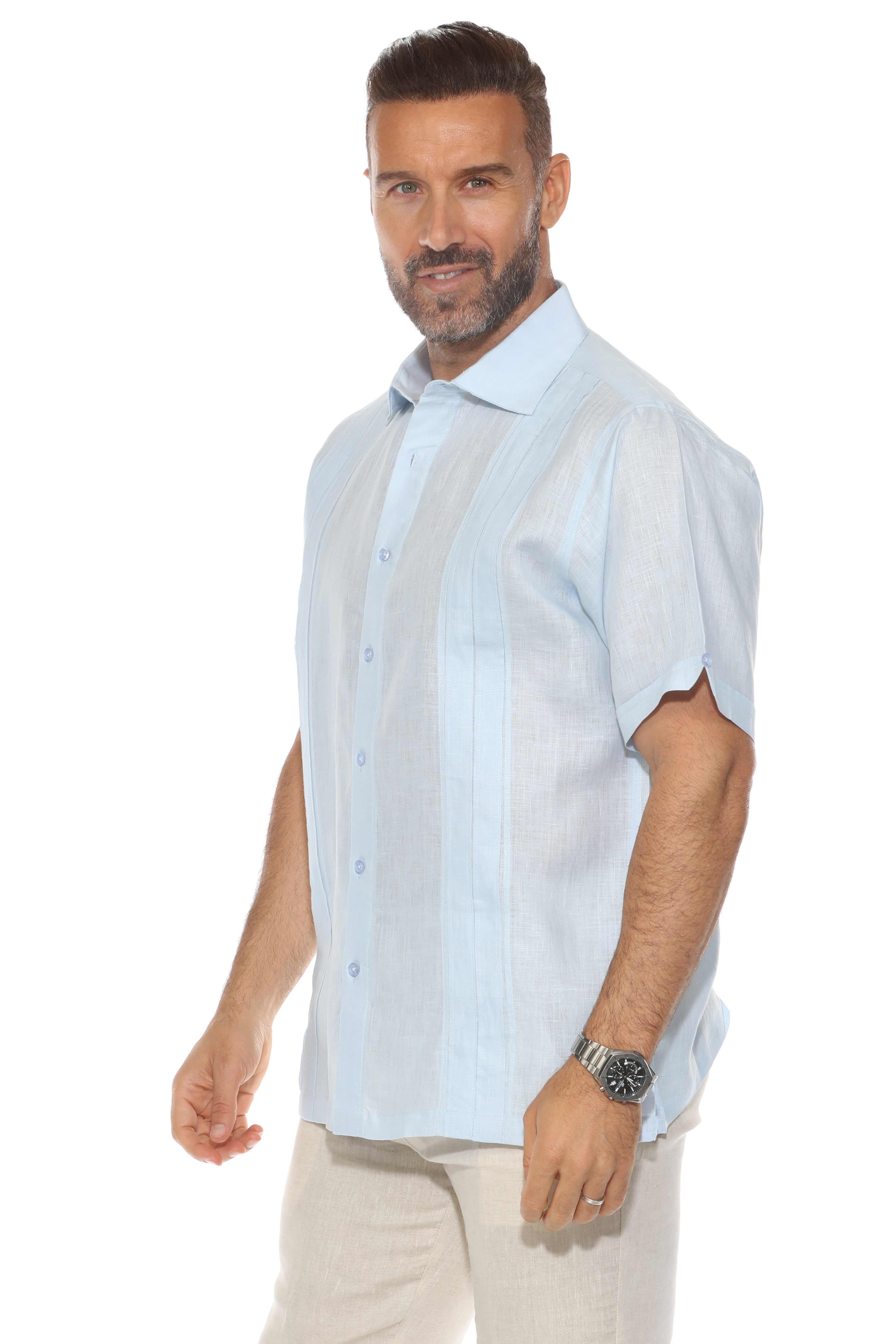 Camisa de lino 100 % para hombre, manga corta, con detalle de pinzas
